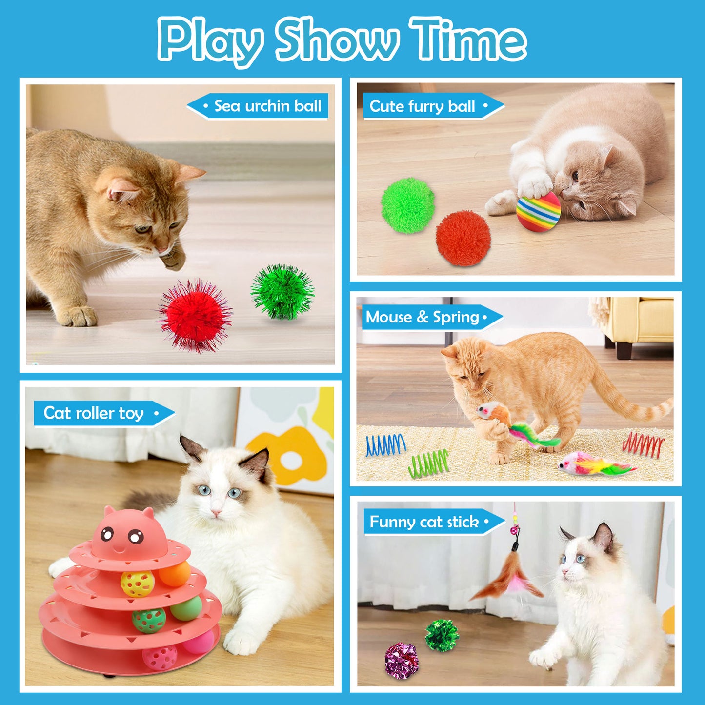 UPSKY 20 PCS Cat Toys - 3-Level Turntable Roller With Balls for Indoor Cats, Kitten Set With Teaser, Mice, Spring, and Various Ball Toys