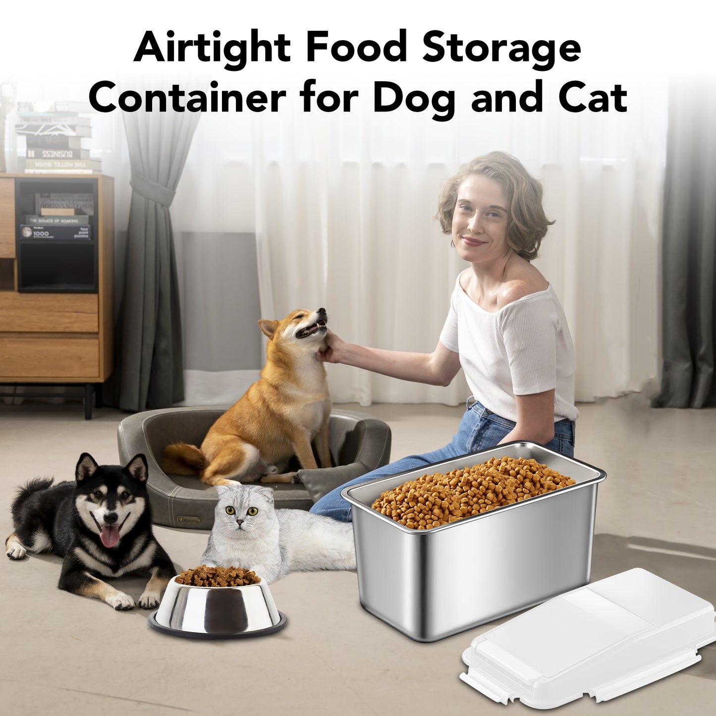 Dog food storage container, stainless steel, with scoop, 17 lbs (approx. 7.3 kg) / 15 lbs (approx. 5.0 kg) airtight pet metal food storage box, cat food container, suitable for dry dog, cat, and bird food, keeps food fresh