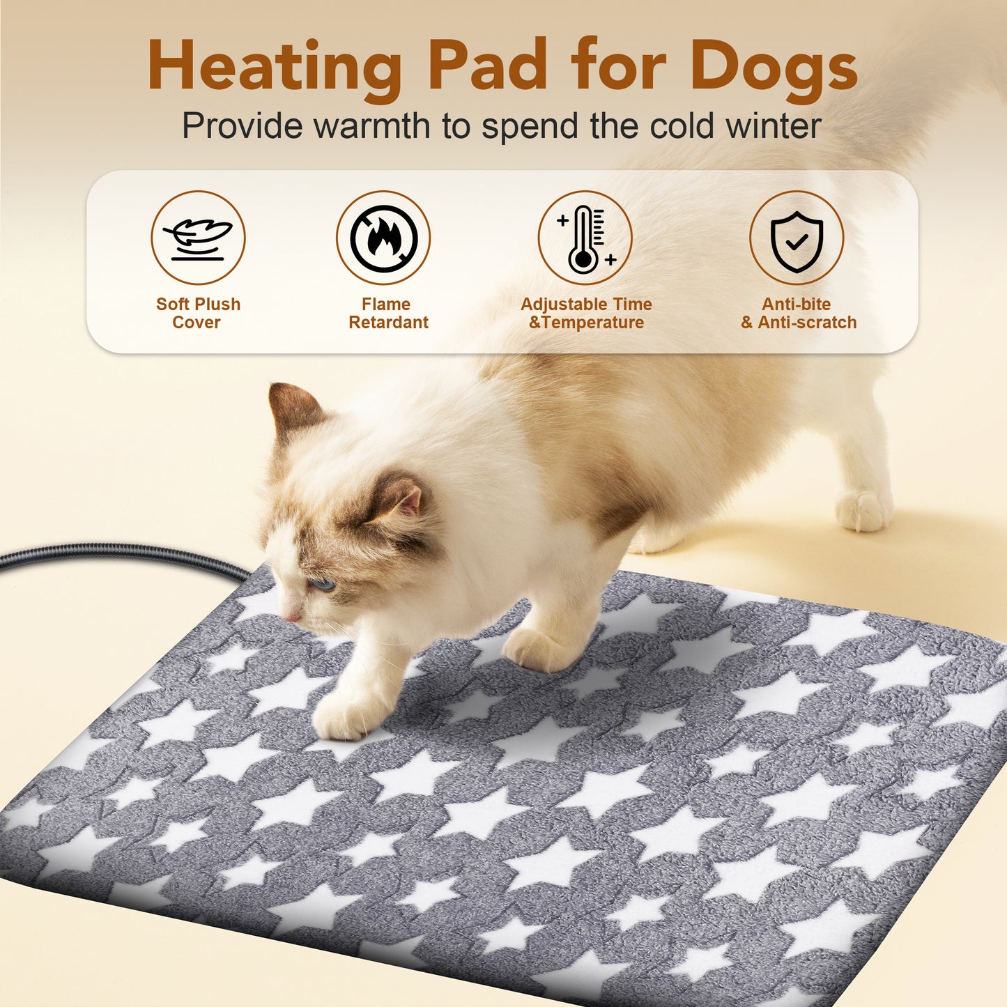 Decflow Waterproof Indoor 11 Adjustable Temperature with Timer Dog & Cat Heating Pad with Chew Resistant Cord Star, Grey