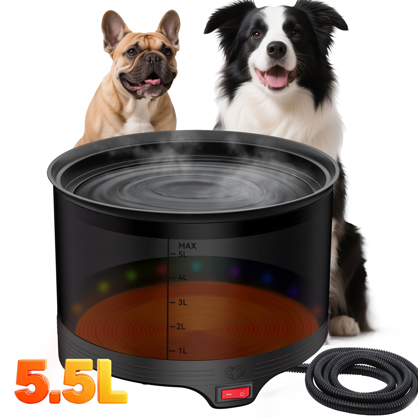 5.5L Heated Water Bowl, 1.45Gal Large Heated Dog Bowls for Outside, Outdoor Winter Waterproof Heat Pet Water Bowl with Chew Resistant Power Cord & LED Neon for Dog/Cat/Chicken/Duck/Rabbit