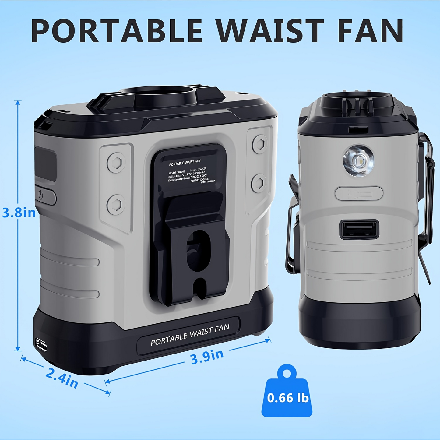 Portable Waist Fan 10,000mAh, 5 Speeds 30H Runtime Waist Clip Fan | Rechargeable Belt Fan for Men, Hands-Free Neck Fan with Flashlight, Wearable Cooling for Travel, Outdoor, Camping, Jobsite
