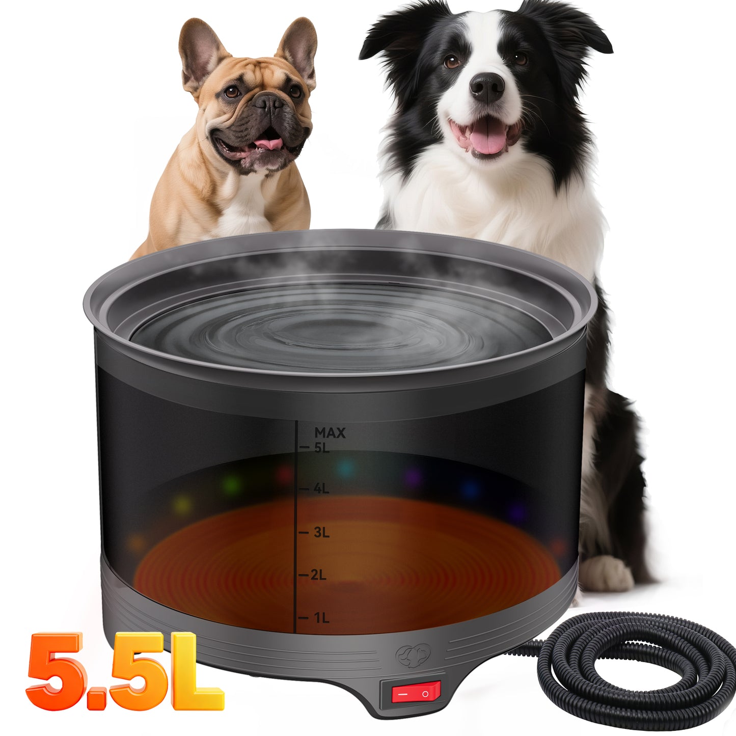 5.5L Heated Water Bowl, 1.45Gal Large Heated Dog Bowls for Outside, Outdoor Winter Waterproof Heat Pet Water Bowl with Chew Resistant Power Cord & LED Neon for Dog/Cat/Chicken/Duck/Rabbit