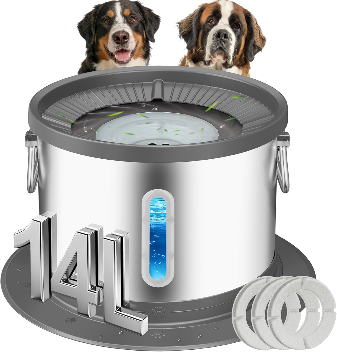 UPSKY 14L No Spill Dog Water Bowl, Stainless Steel Spill Proof Dog Bowl with Water Window, Dual-Suction Anti-Slip Large Capacity Slow Drinking Bowl with Floating Disk for Large Dogs & Messy Drinkers