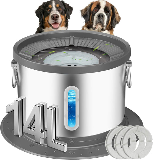 UPSKY 14L No Spill Dog Water Bowl, Stainless Steel Spill Proof Dog Bowl with Water Window, Dual-Suction Anti-Slip Large Capacity Slow Drinking Bowl with Floating Disk for Large Dogs & Messy Drinkers