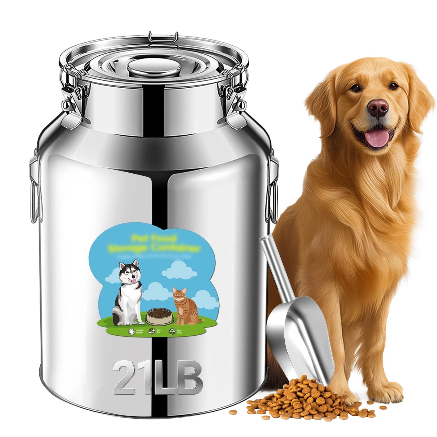 Newget Metal Stainless Steel Dog Food Storage Container with Airtight Hangable Lid, Large: 21-lb