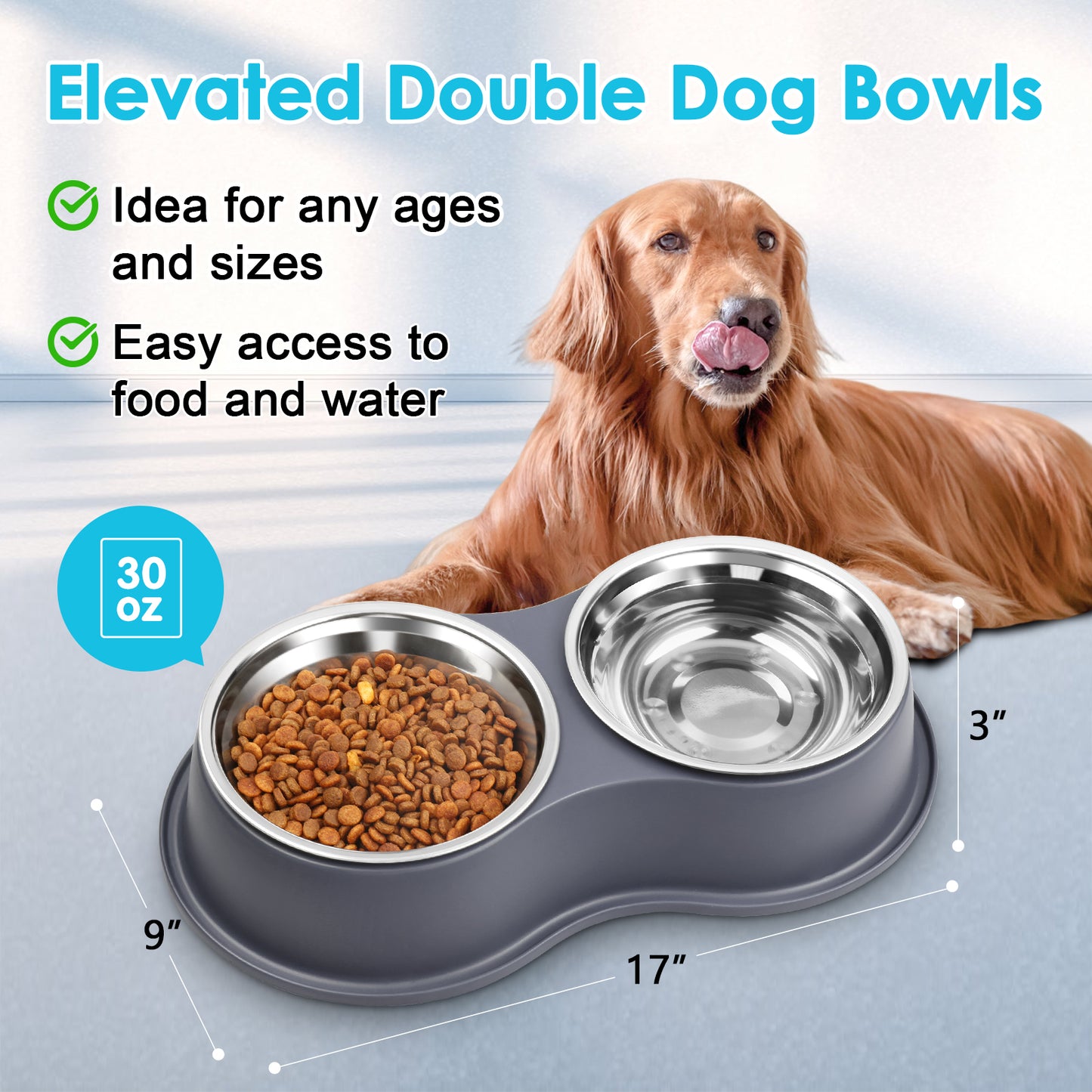 UPSKY Non-Slip Resin Station Skid-Proof Stainless Steel Dog & Cat Water & Food Bowls, Grey, 60-oz