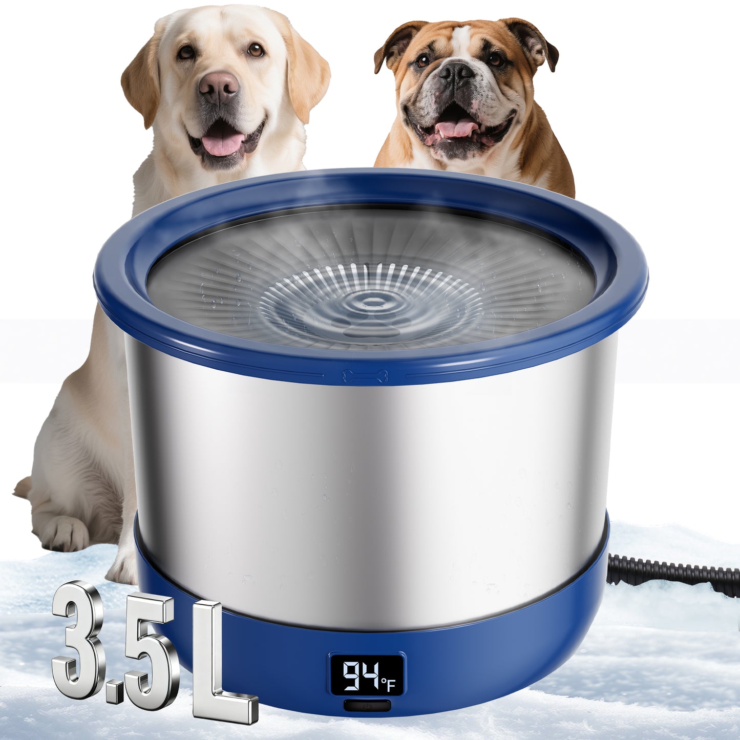 3.5L Heated Water Bowl, Stainless Steel Heated Dog Bowl with Digital Display and Adjustable Temperature, Heated Slow Drinking Feeder Provides Warm Water for Outdoor Dogs