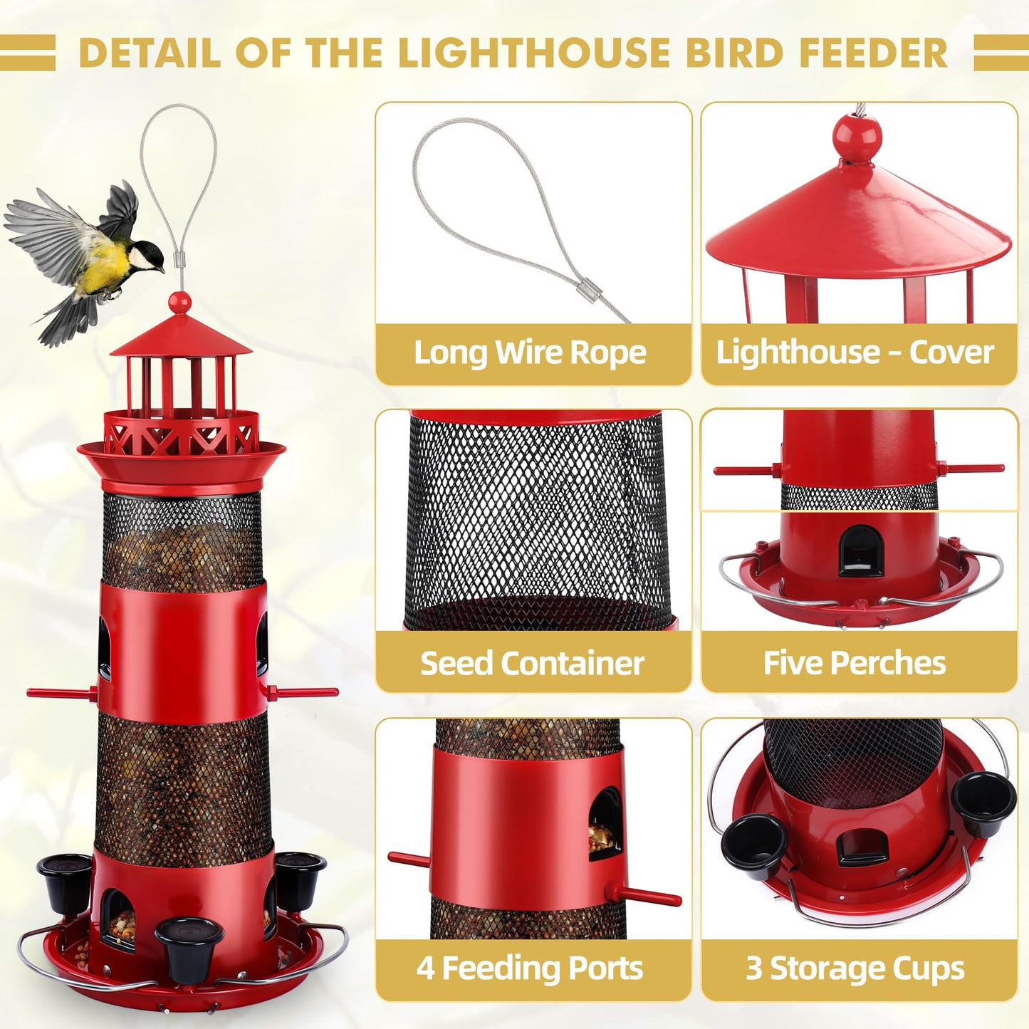 Decflow Outdoor Hanging Durable Metal Tube Wild Bird Feeder with Three Water Cups, Black