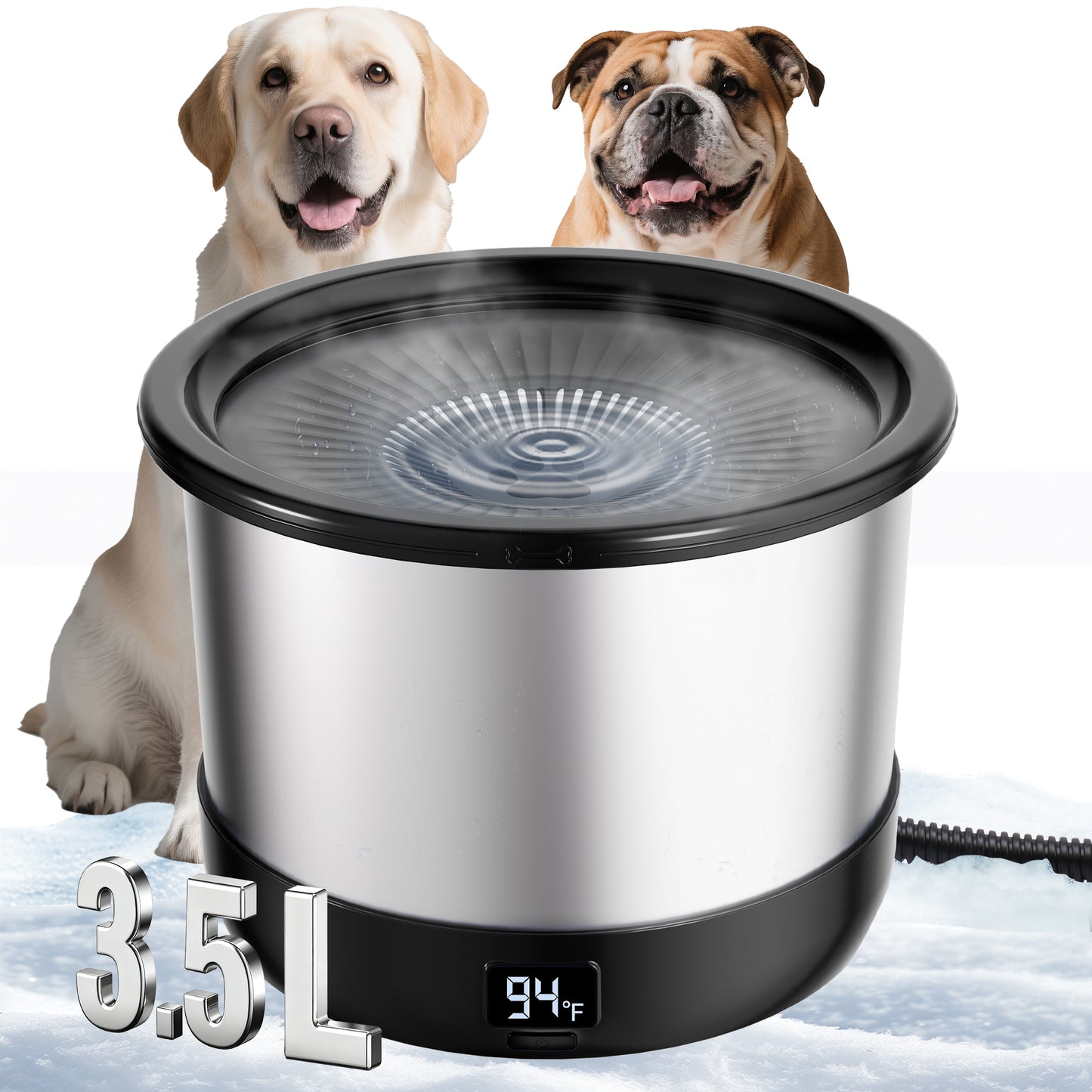 3.5L Heated Water Bowl, Stainless Steel Heated Dog Bowl with Digital Display and Adjustable Temperature, Heated Slow Drinking Feeder Provides Warm Water for Outdoor Dogs