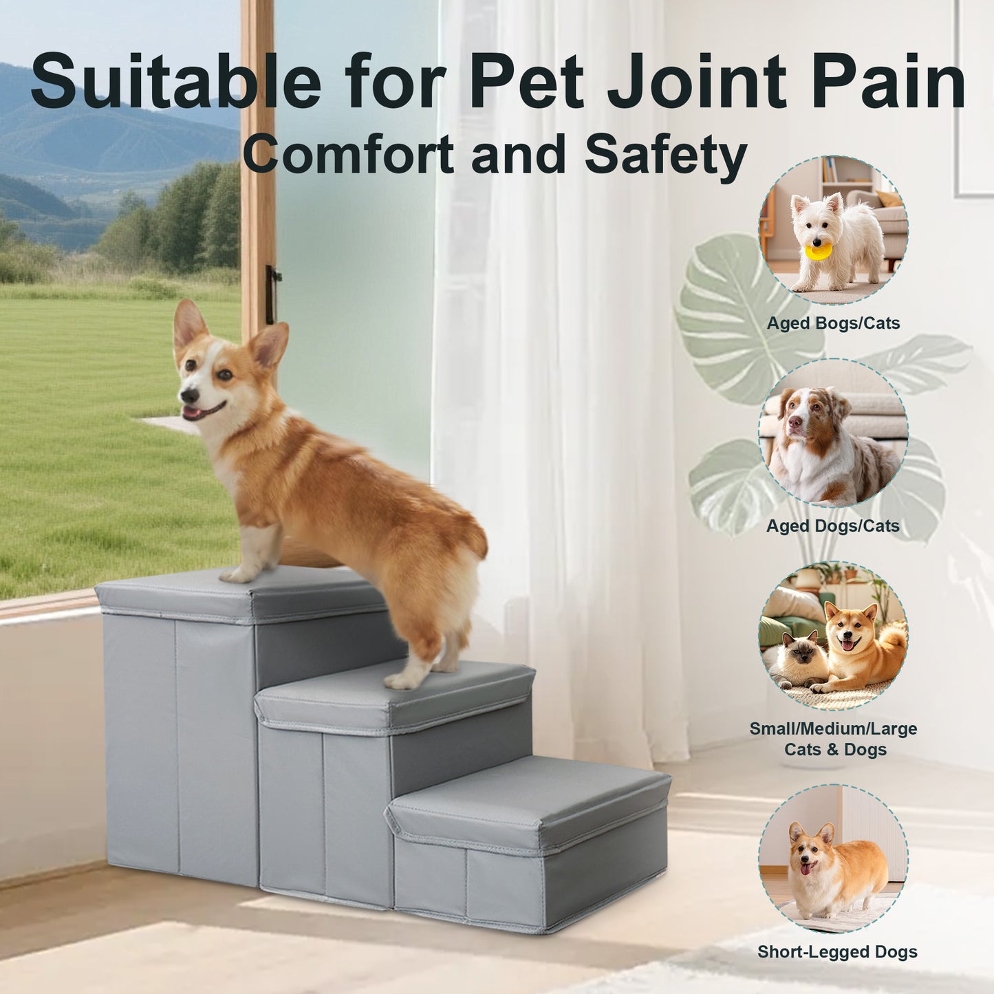 Twinsing 3-in-1 Foldable Collapsible Dog & Cat Stairs with Storage & Bed, Grey, 3 steps