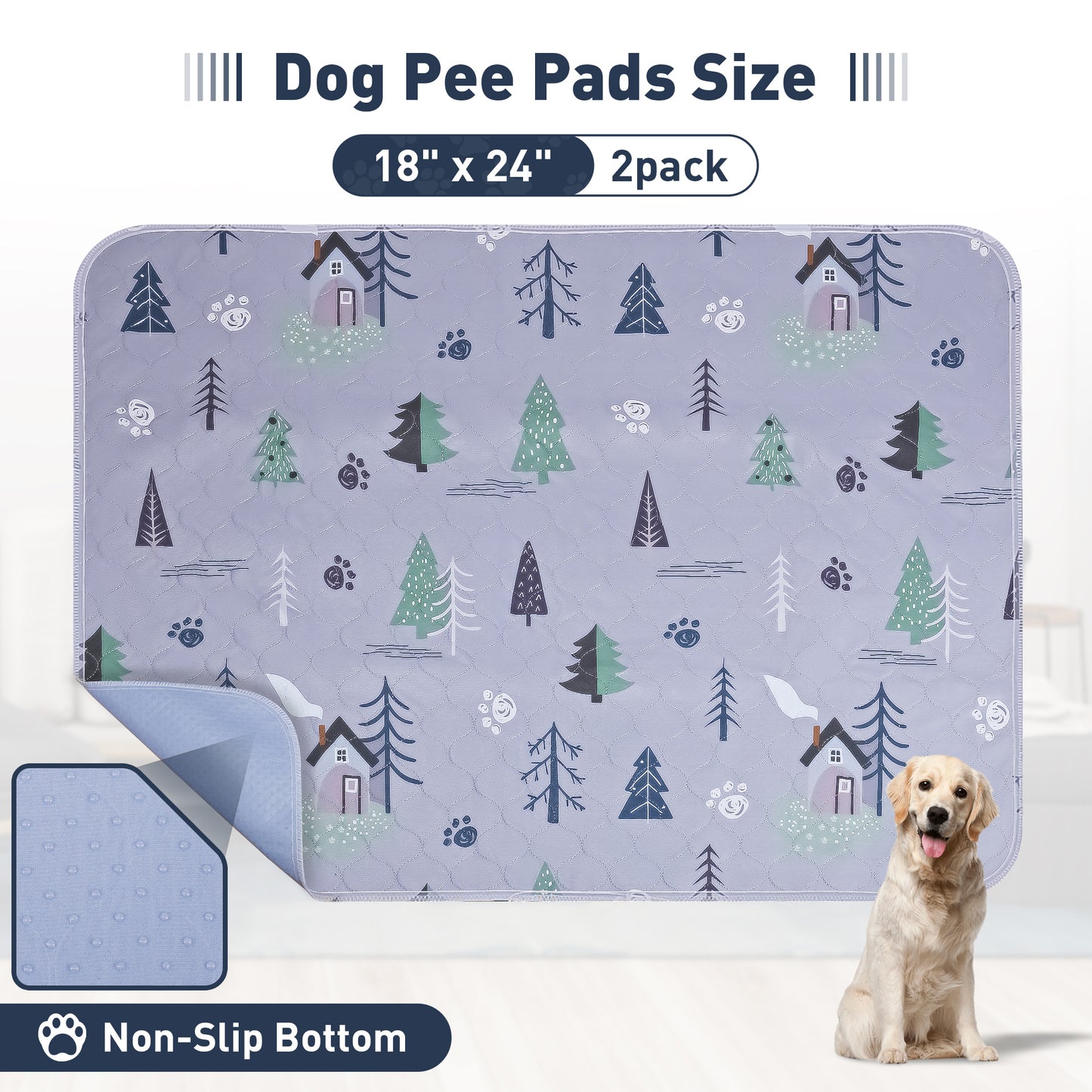 UPSKY Washable Super Absorbent Waterproof Leakproof Anti-Slip Dog Pee Pads, 2 count, Grey, 18 × 24-in