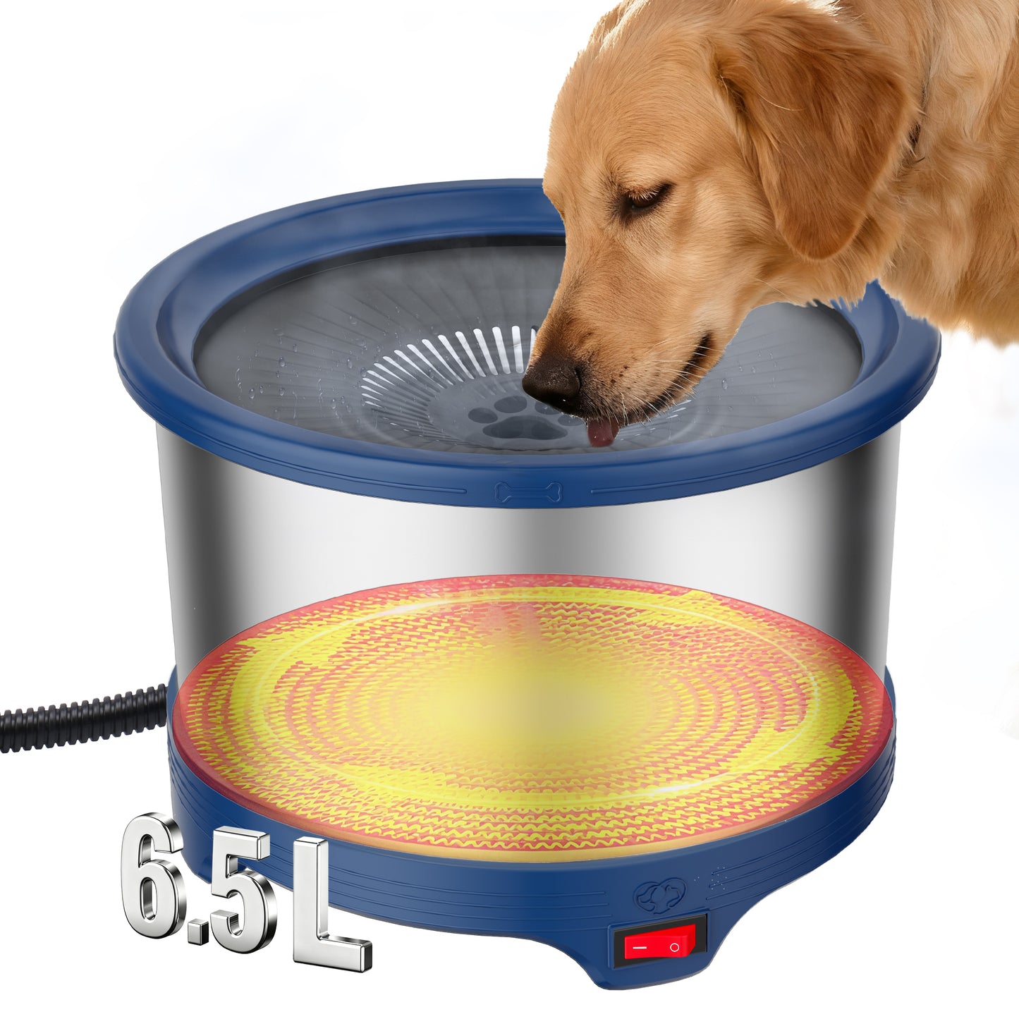 6.5L Heated Water Bowl, Stainless Steel Outdoor Heated Dog Bowl with Anti-Chew Cord, Large Capacity Heated Pet Slow Drinking Dish Provide Warm Water in Winter for Dogs