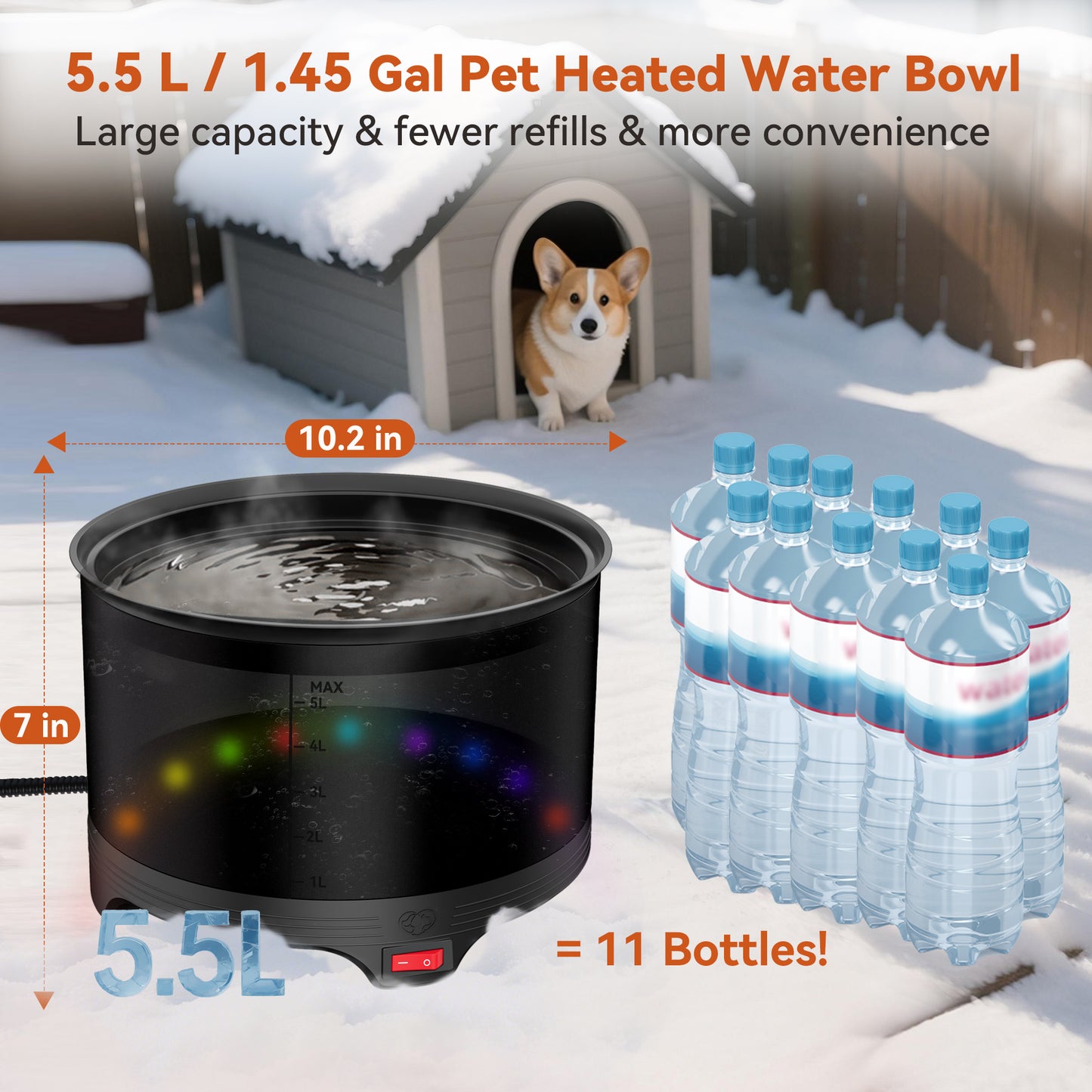 5.5L Heated Water Bowl, 1.45Gal Large Heated Dog Bowls for Outside, Outdoor Winter Waterproof Heat Pet Water Bowl with Chew Resistant Power Cord & LED Neon for Dog/Cat/Chicken/Duck/Rabbit