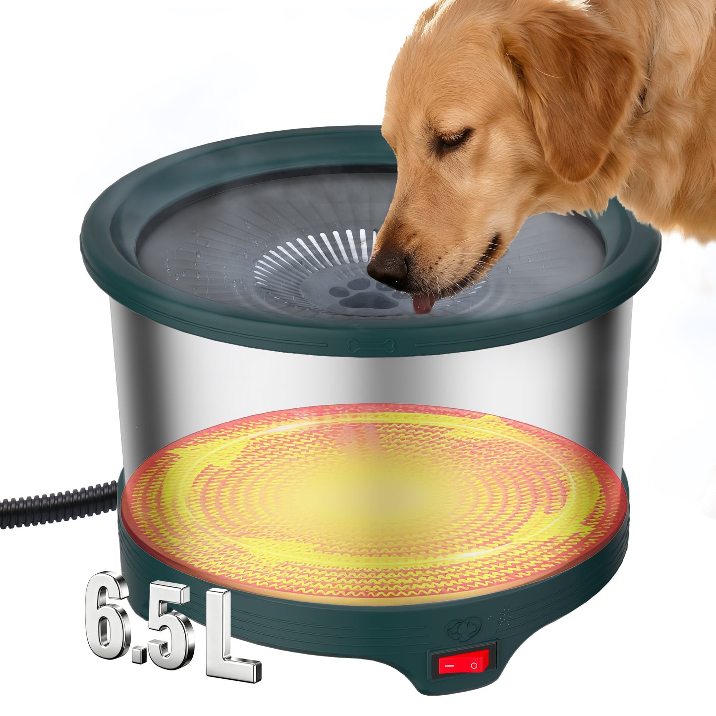 6.5L Heated Water Bowl, Stainless Steel Outdoor Heated Dog Bowl with Anti-Chew Cord, Large Capacity Heated Pet Slow Drinking Dish Provide Warm Water in Winter for Dogs