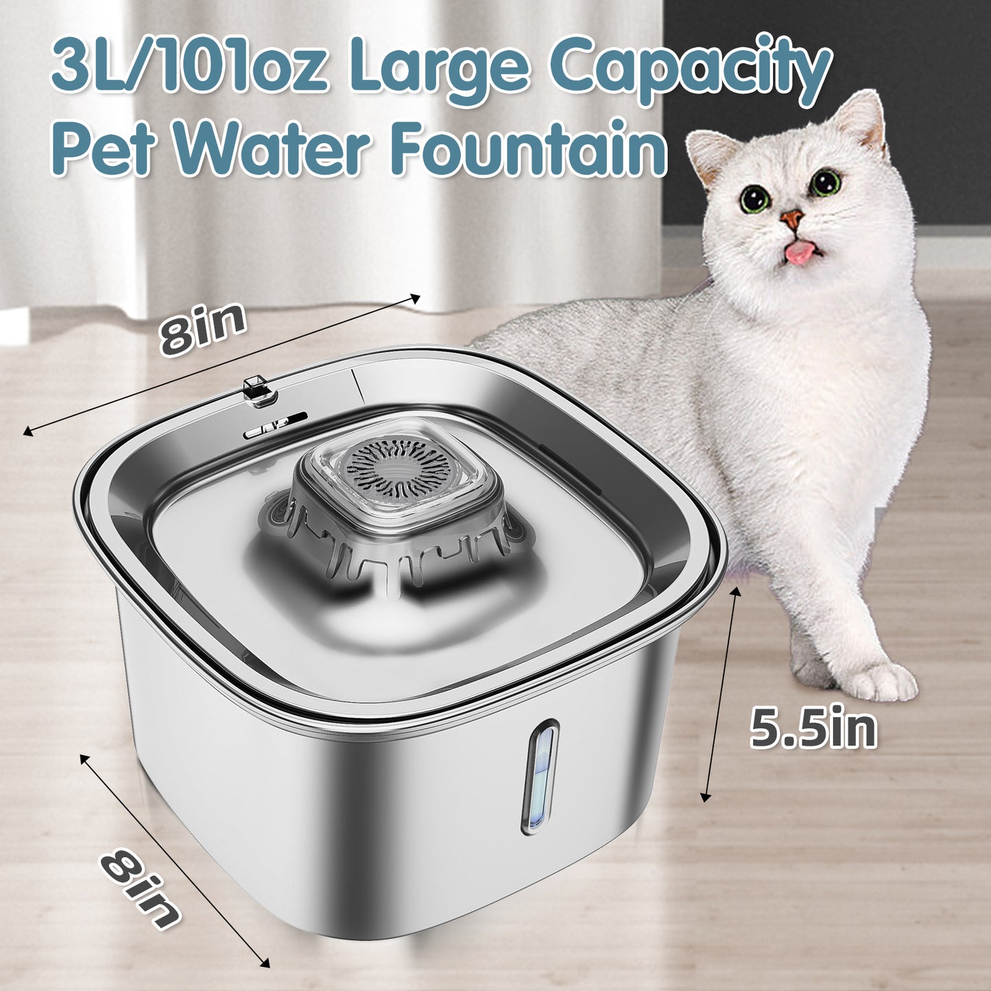 UPSKY Cat Fountain Stainless Steel 100 oz/3 L Cat Fountain Suitable for Drinking Pet Fountain Suitable for Cats Indoor Metal Automatic Dog Water Dispenser Cat Feeding with Water Level Window