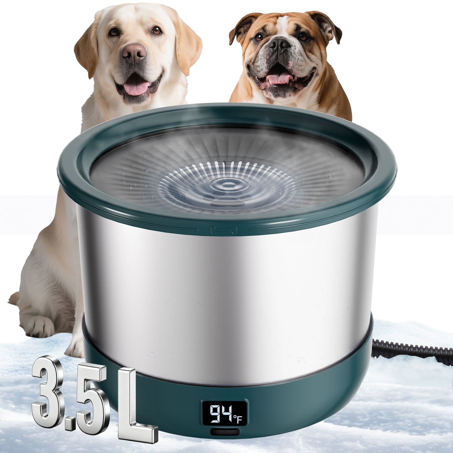 3.5L Heated Water Bowl, Stainless Steel Heated Dog Bowl with Digital Display and Adjustable Temperature, Heated Slow Drinking Feeder Provides Warm Water for Outdoor Dogs