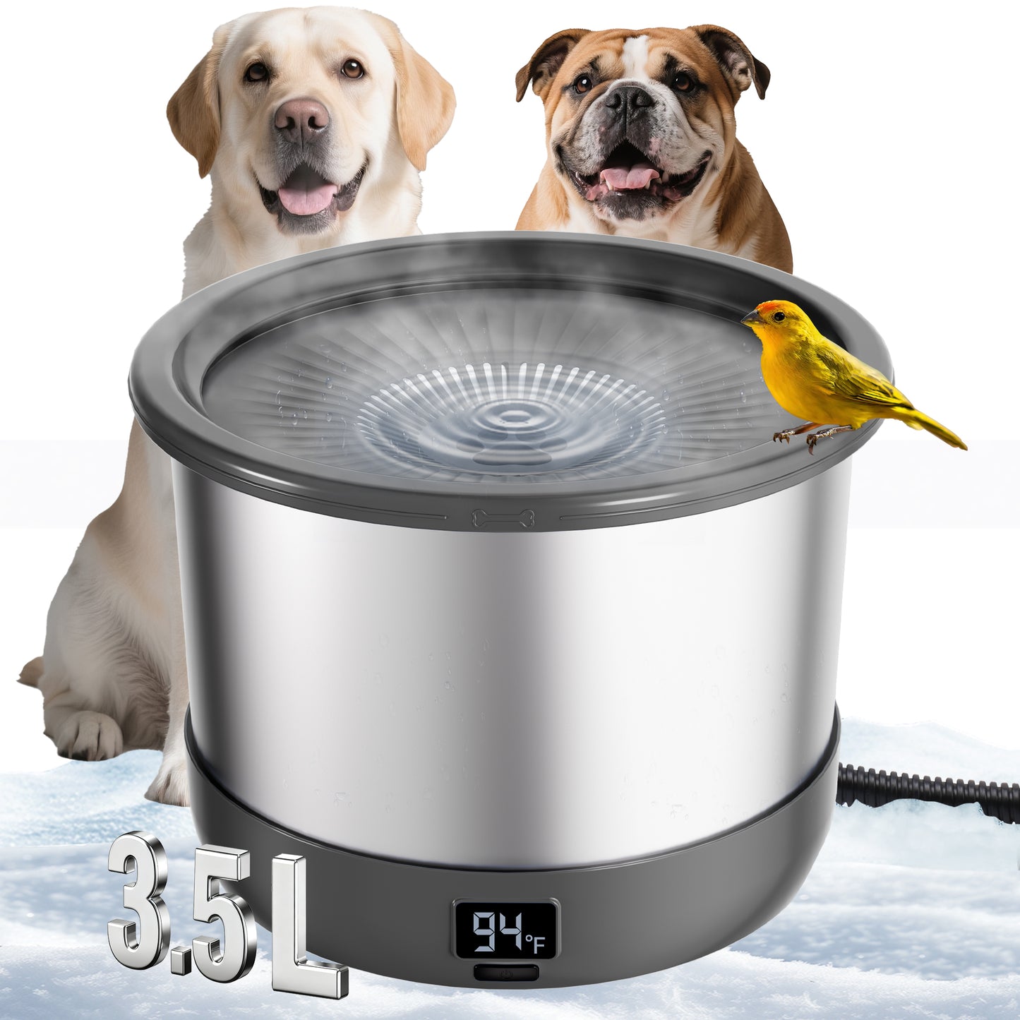 3.5L Heated Water Bowl, Stainless Steel Heated Dog Bowl with Digital Display and Adjustable Temperature, Heated Slow Drinking Feeder Provides Warm Water for Outdoor Dogs