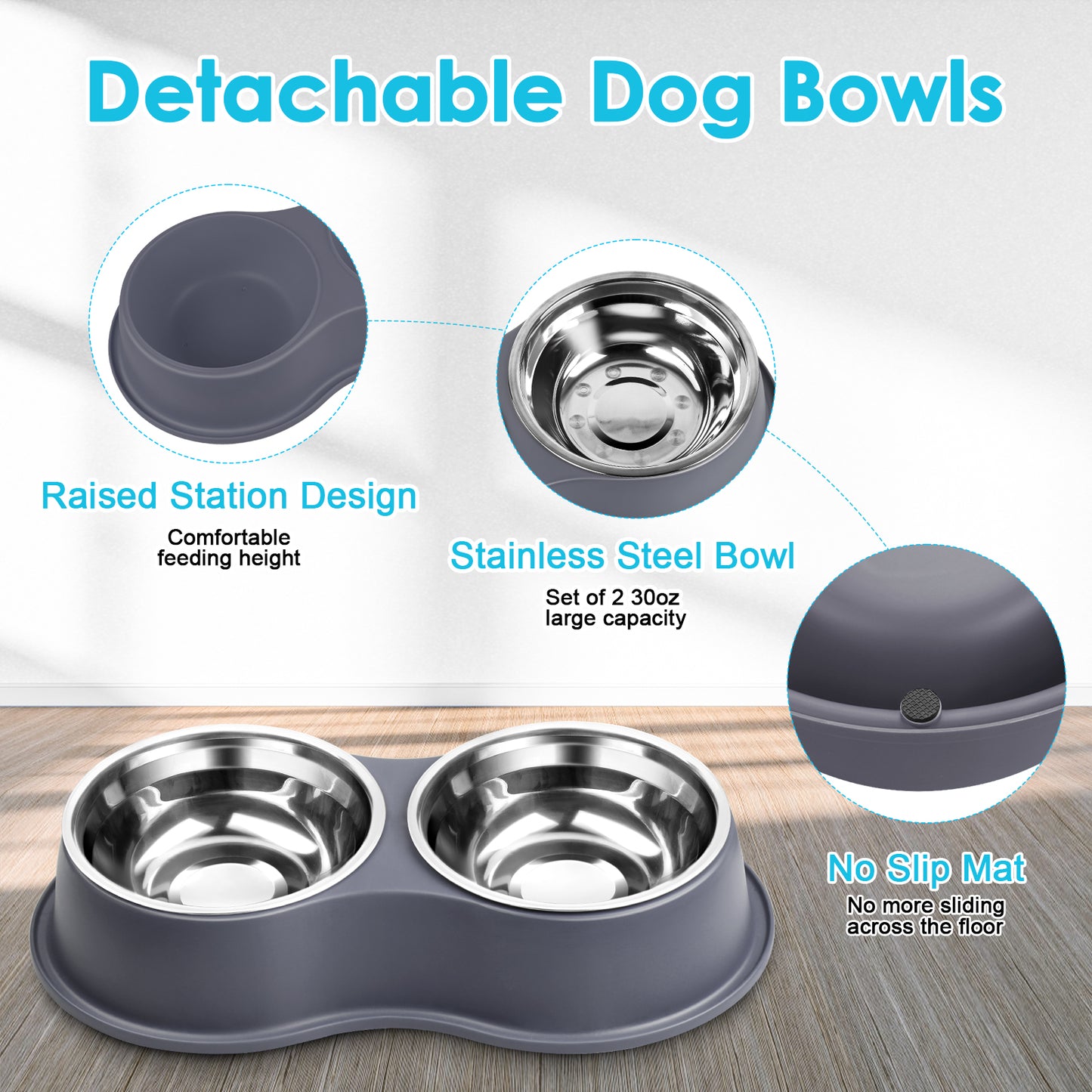 UPSKY Non-Slip Resin Station Skid-Proof Stainless Steel Dog & Cat Water & Food Bowls, Grey, 60-oz