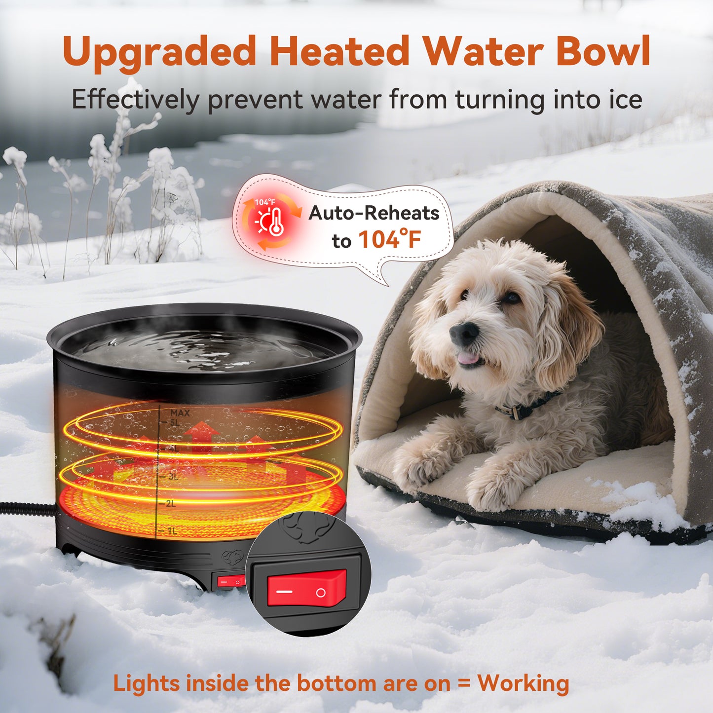 5.5L Heated Water Bowl, 1.45Gal Large Heated Dog Bowls for Outside, Outdoor Winter Waterproof Heat Pet Water Bowl with Chew Resistant Power Cord & LED Neon for Dog/Cat/Chicken/Duck/Rabbit