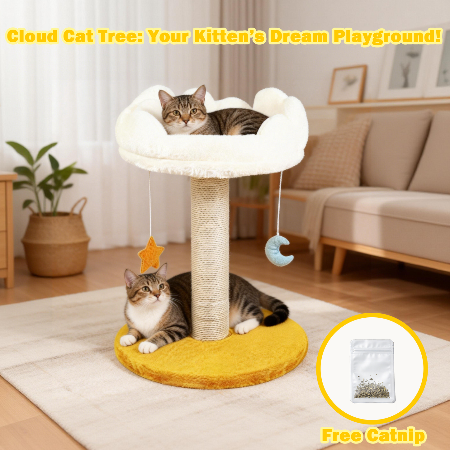 Decflow Cloud Cat Tree Scratching Post with Bed, Removeable Cover & Bonus Catnip, White