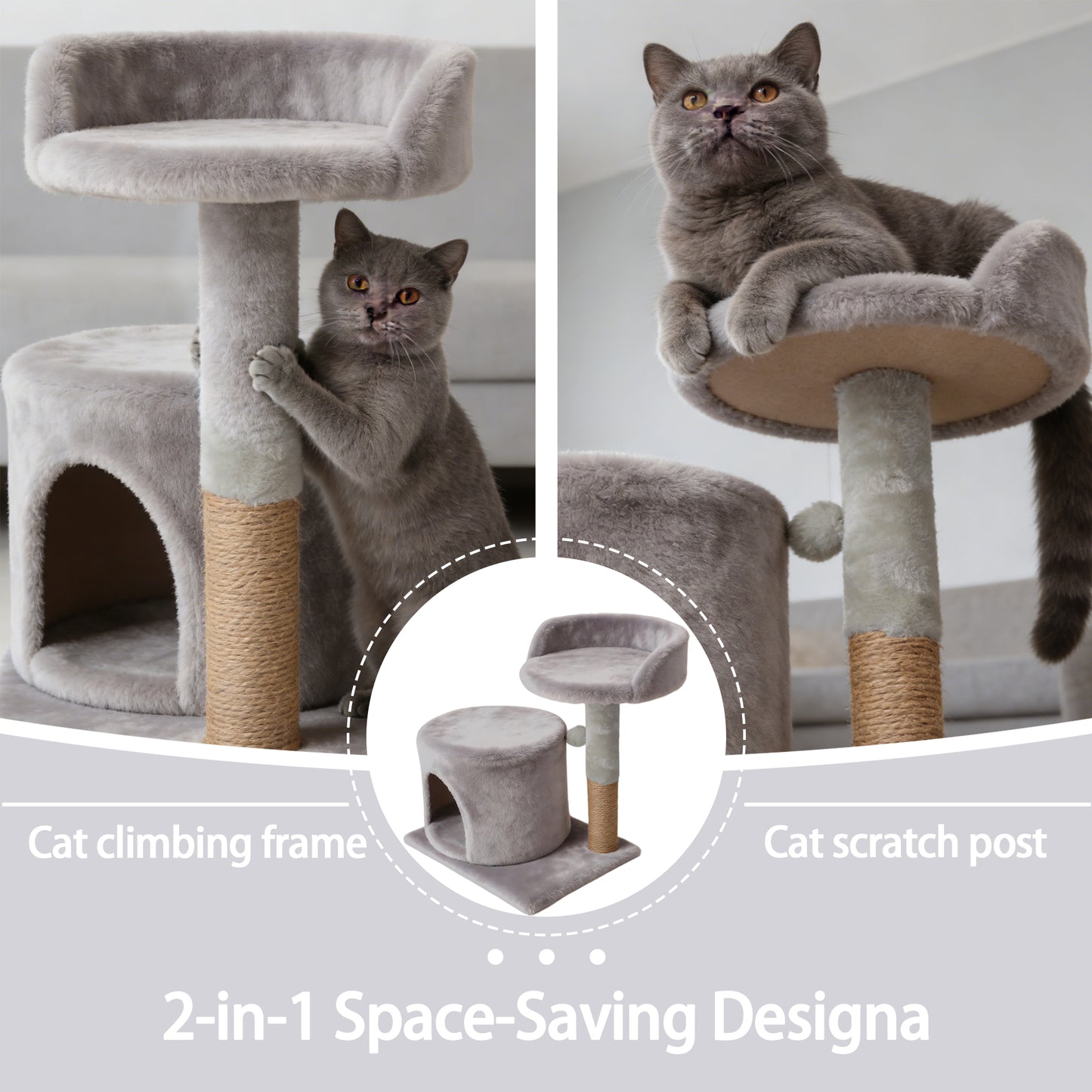 Decflow Cat Condo Padded Perch Tree Tower with Sisal Scratching Post, Light Grey