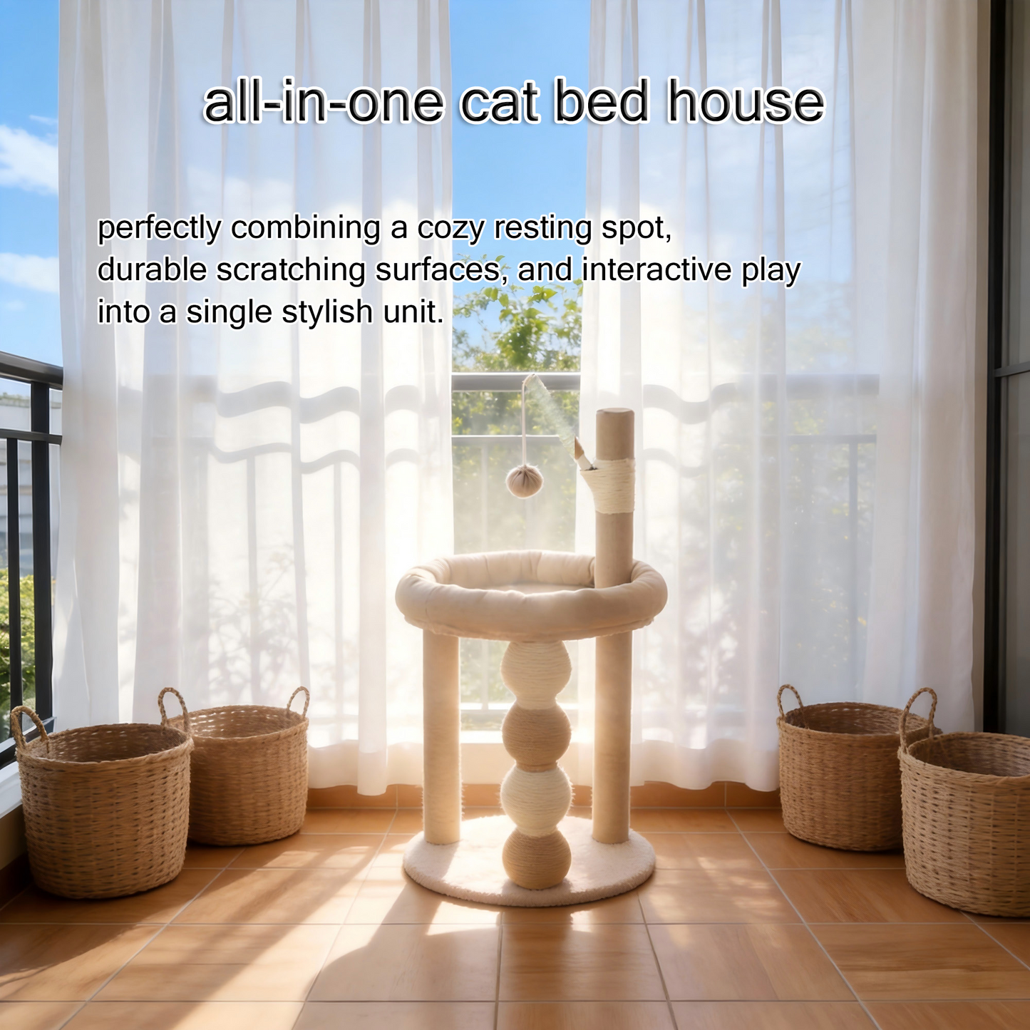 Decflow 30.7-in Scratching Post & Cat Bed, Sisal Cat Tower with Dangling Toy, Stable Cat Tree Tower for Indoor Cats, Beige