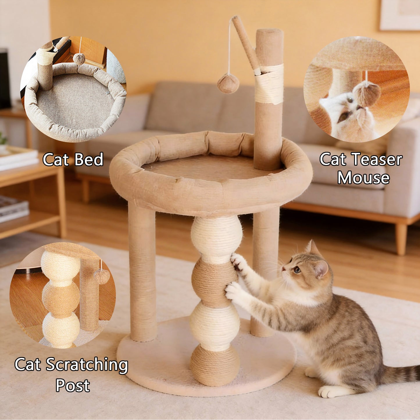Decflow 30.7-in Scratching Post & Cat Bed, Sisal Cat Tower with Dangling Toy, Stable Cat Tree Tower for Indoor Cats, Beige