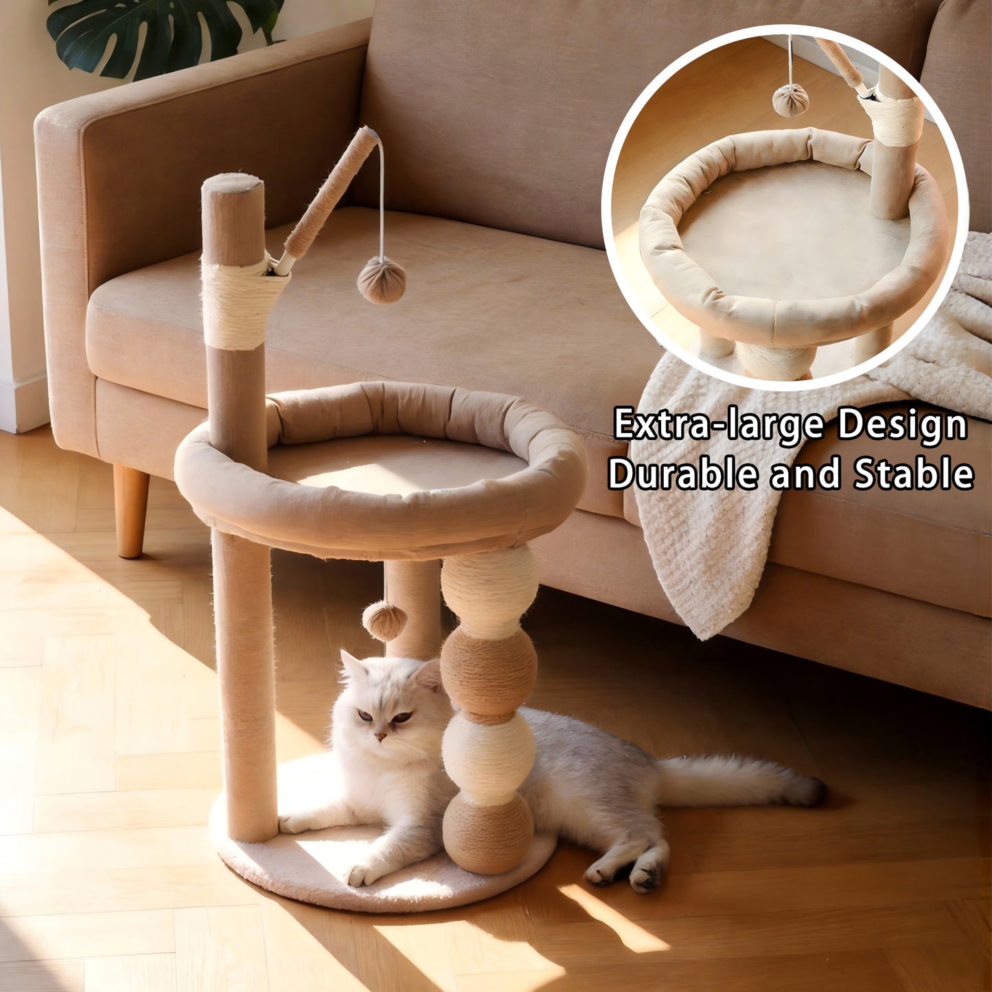 Decflow 30.7-in Scratching Post & Cat Bed, Sisal Cat Tower with Dangling Toy, Stable Cat Tree Tower for Indoor Cats, Beige