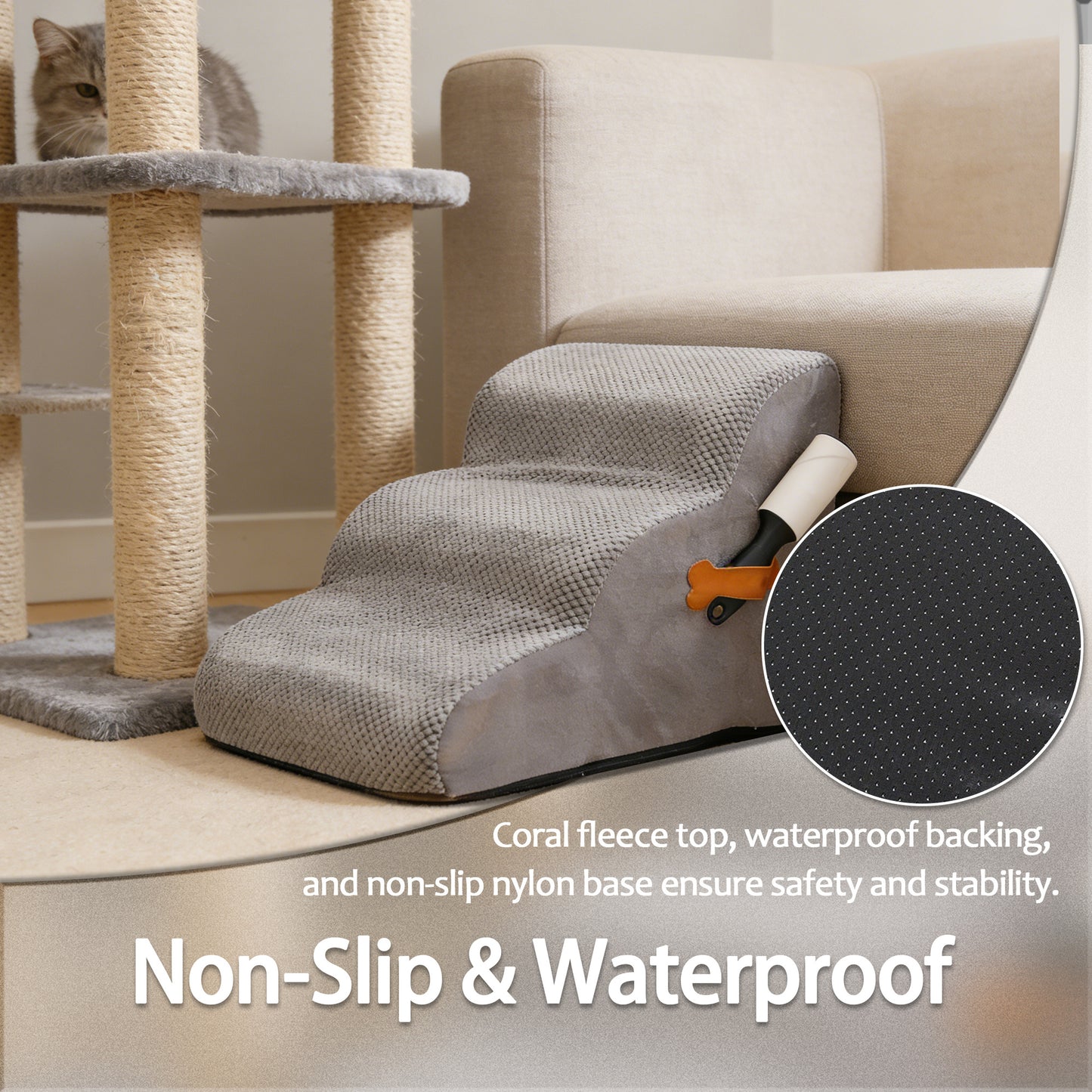 Decflow 15.7-in 3-Tier Dog Stairs Ramp with Durable Non-Slip Waterproof Fabric Cover for Small Dogs & Cats, Grey