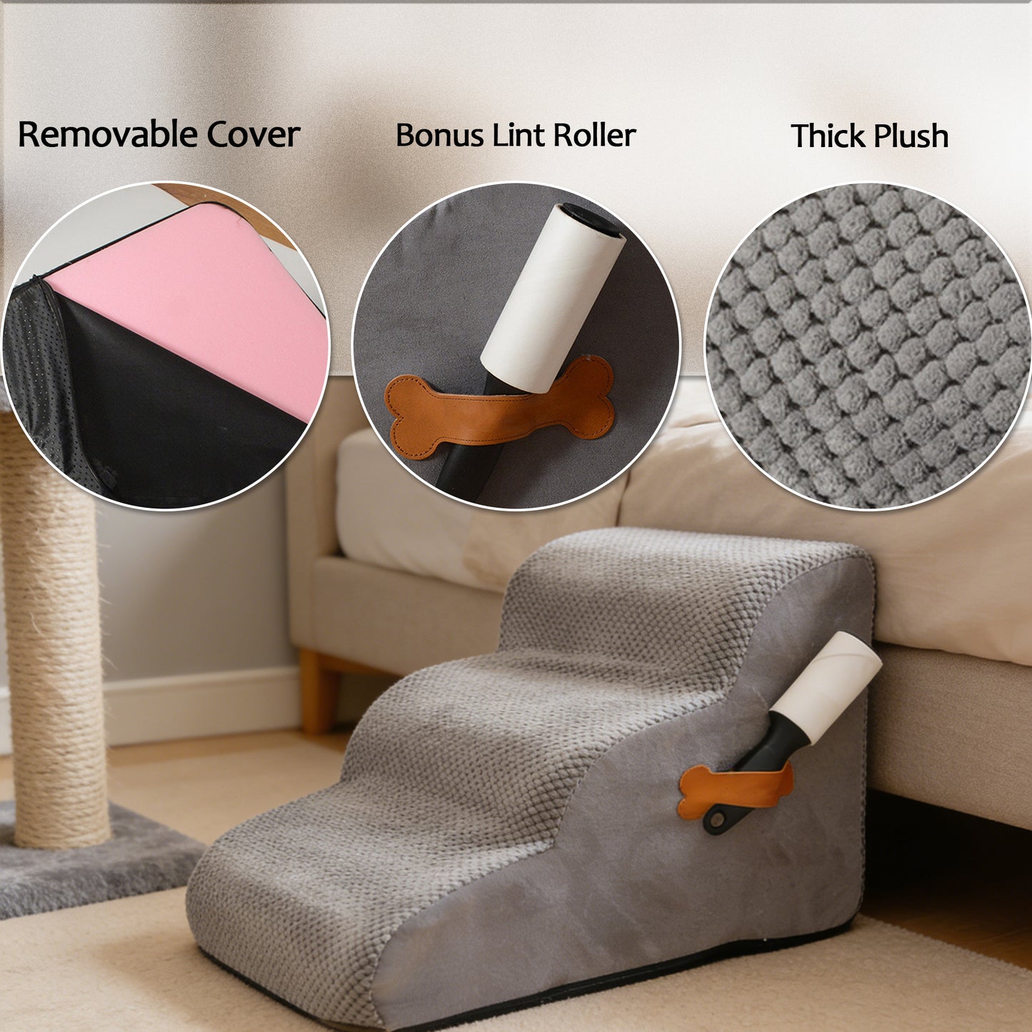 Decflow 15.7-in 3-Tier Dog Stairs Ramp with Durable Non-Slip Waterproof Fabric Cover for Small Dogs & Cats, Grey