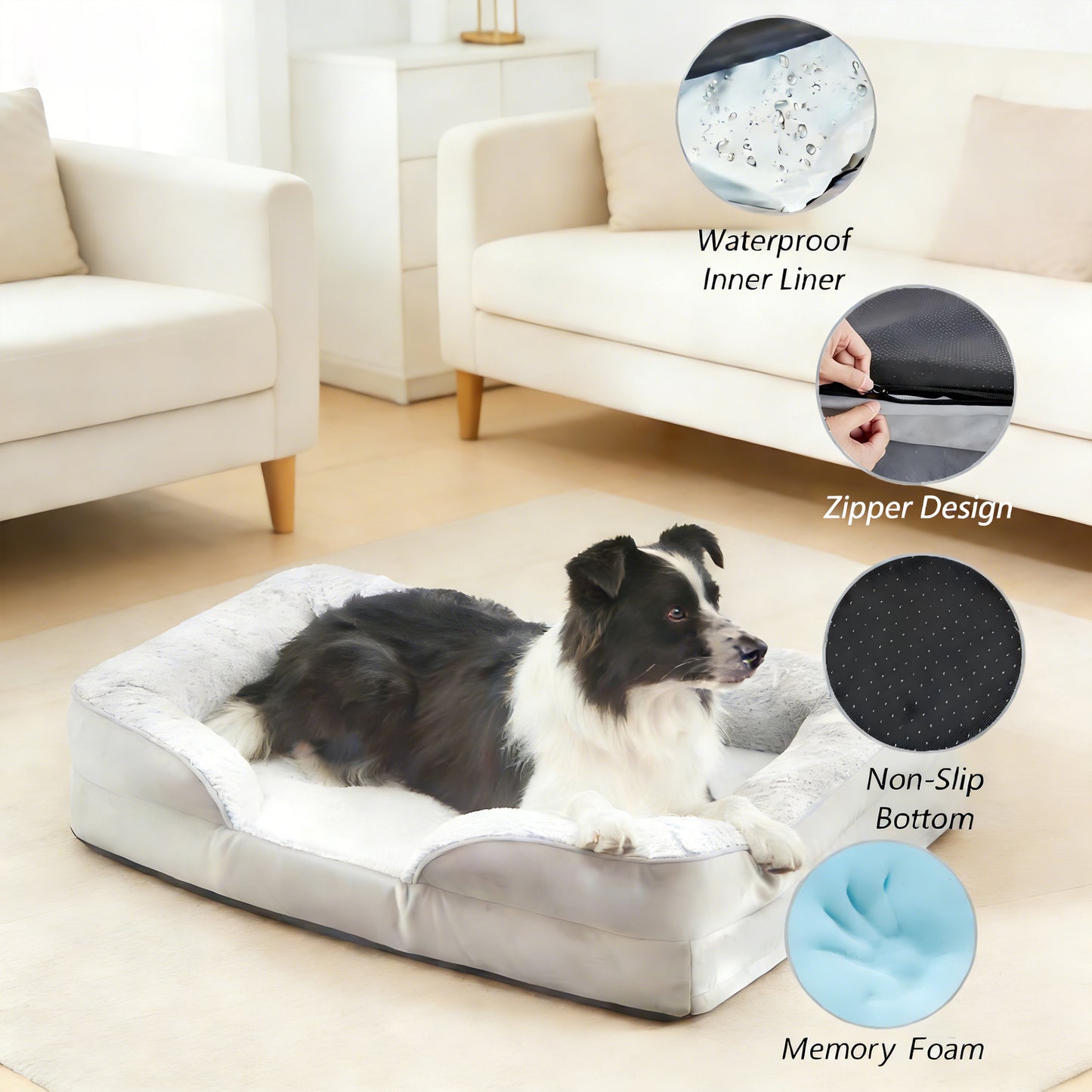 Decflow Memory Foam C-Shaped Armrest Dog Bed, Light Grey, Medium