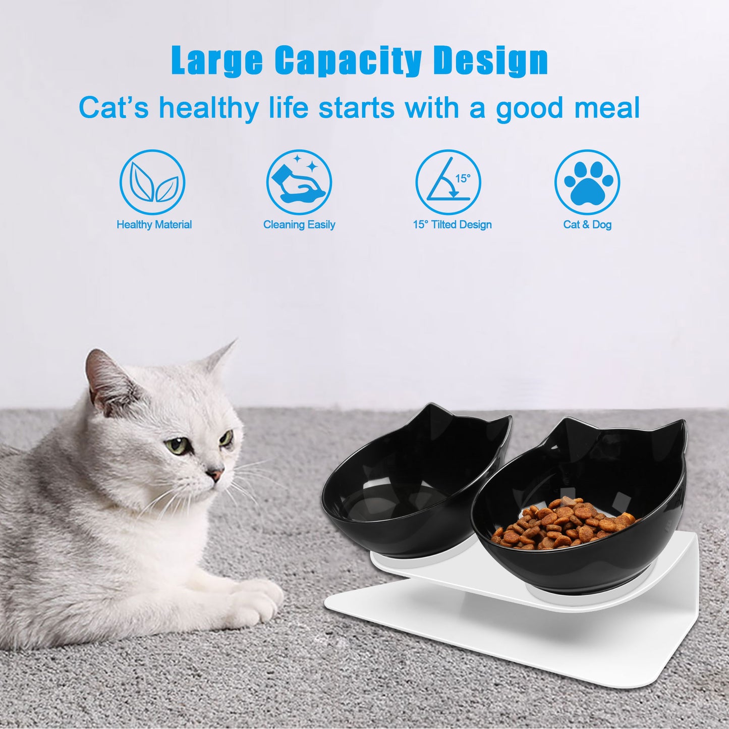 Decflow Tilted Neck-Friendly Stand Raised Double Food & Water Bowl for Cats & Small Dogs, Black