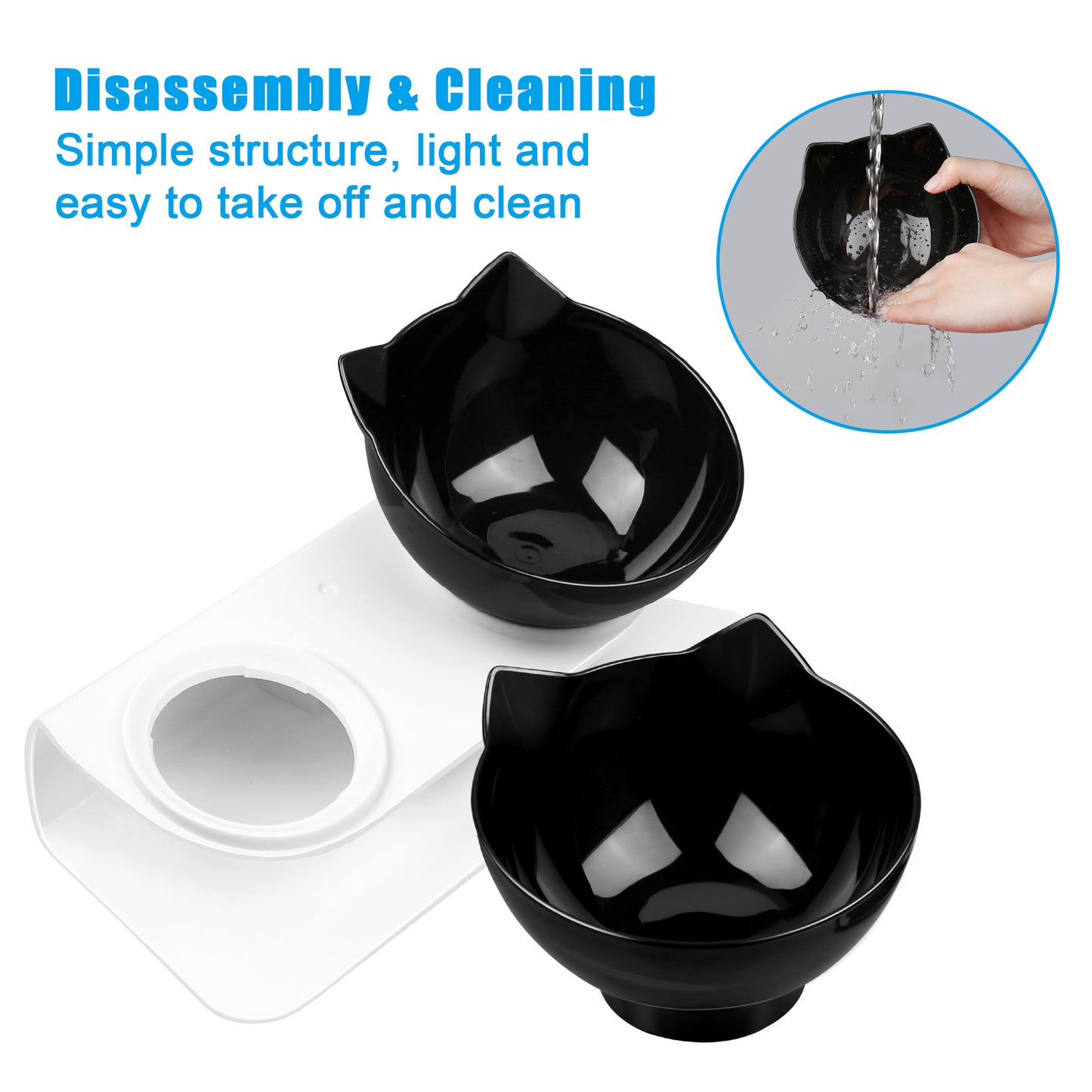 Decflow Tilted Neck-Friendly Stand Raised Double Food & Water Bowl for Cats & Small Dogs, Black