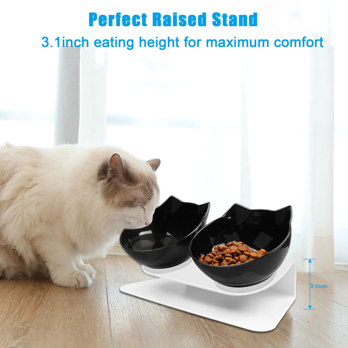 Decflow Tilted Neck-Friendly Stand Raised Double Food & Water Bowl for Cats & Small Dogs, Black