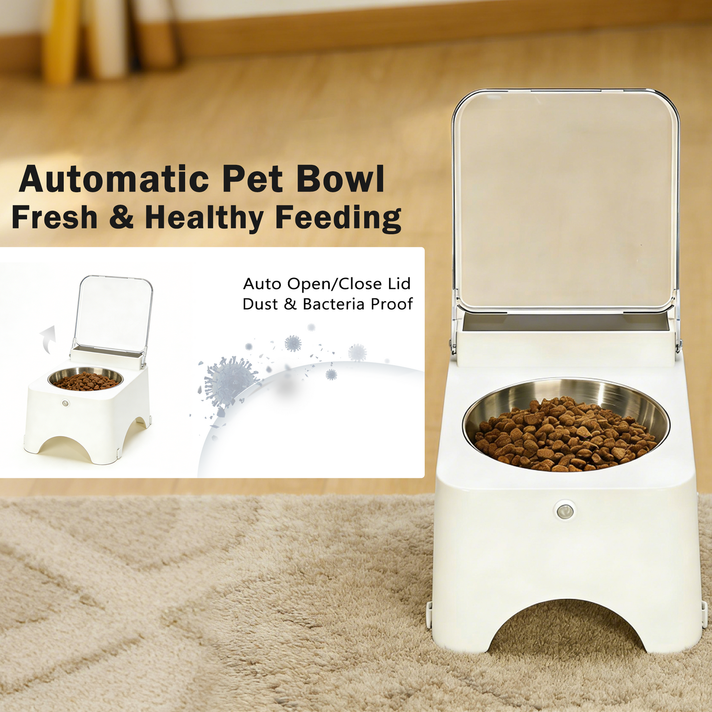 Newget Automatic Rechargeable Anti-Dust & Anti-Bacteria Elevated Design Bowl for Dogs & Cats with Lid, Medium