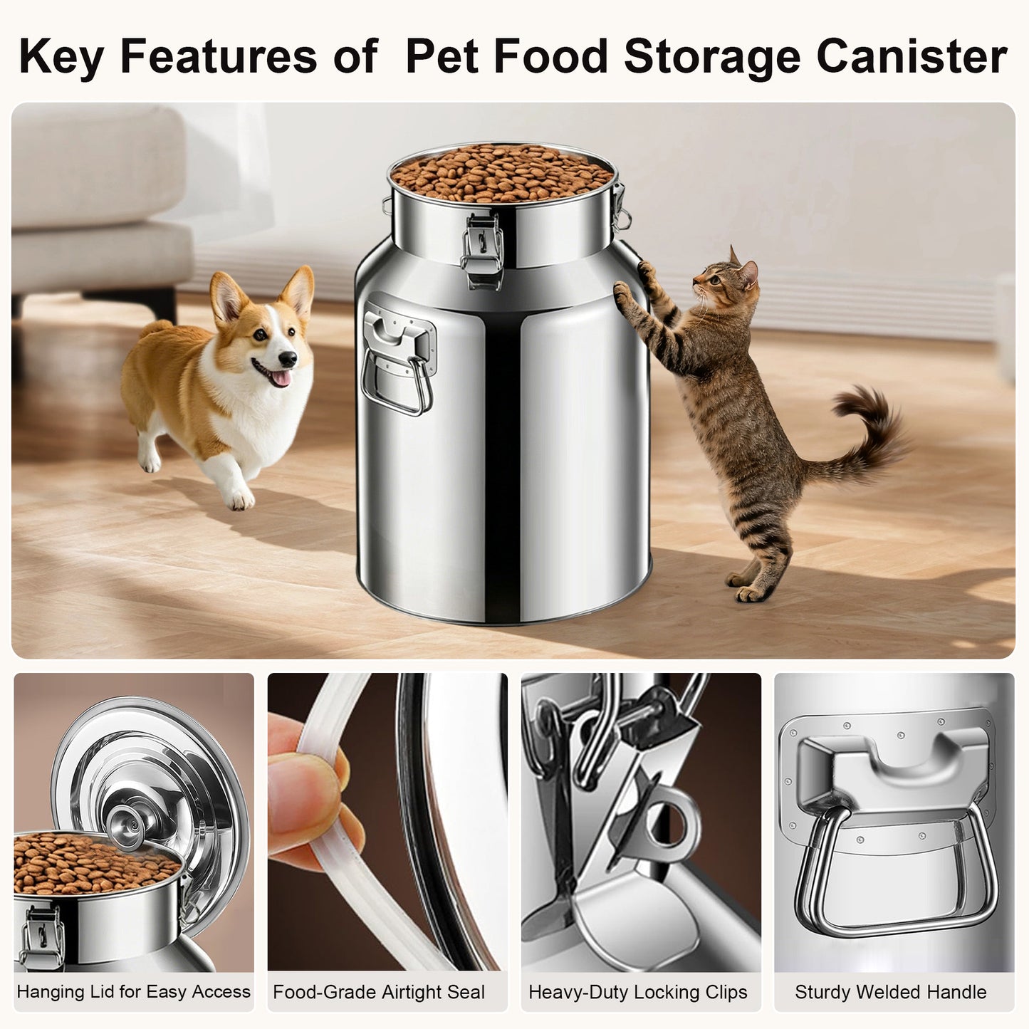 Newget Metal Stainless Steel Dog Food Storage Container with Airtight Hangable Lid, Large: 21-lb