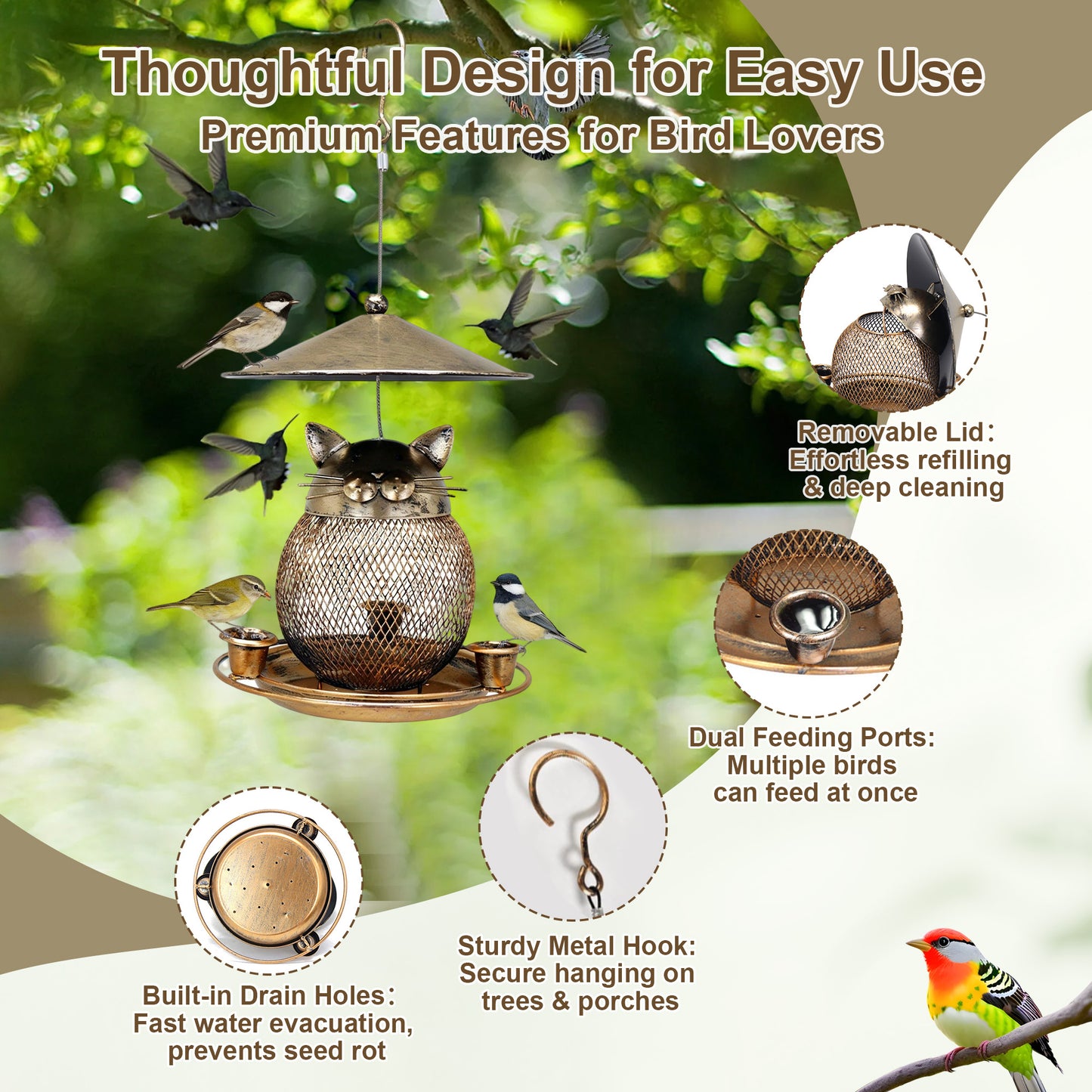 Twinsing Cat Shaped Hanging Outside Garden Yard Metal Bird Feeder, 8-cup