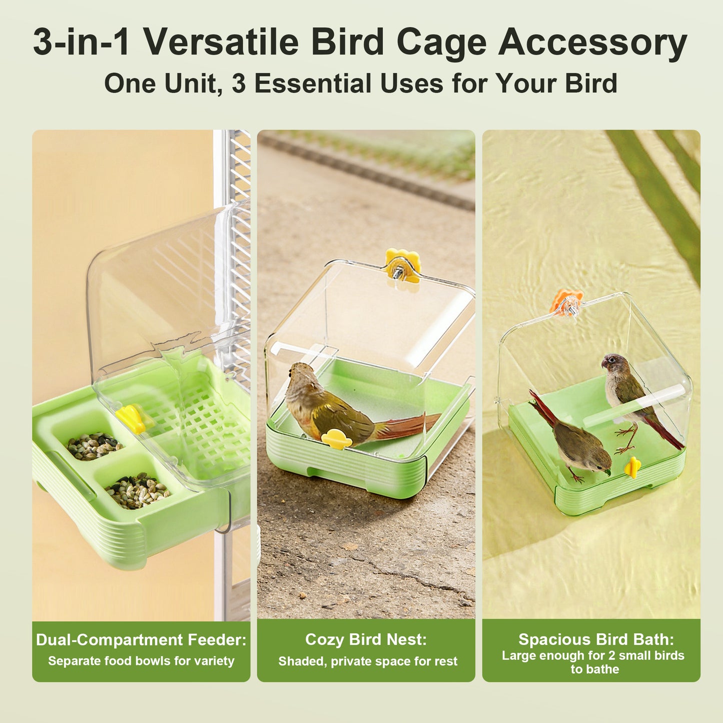 Twinsing Transparent Cage Accessory Plastic Bird Bath Tub with Feeding Station, Green