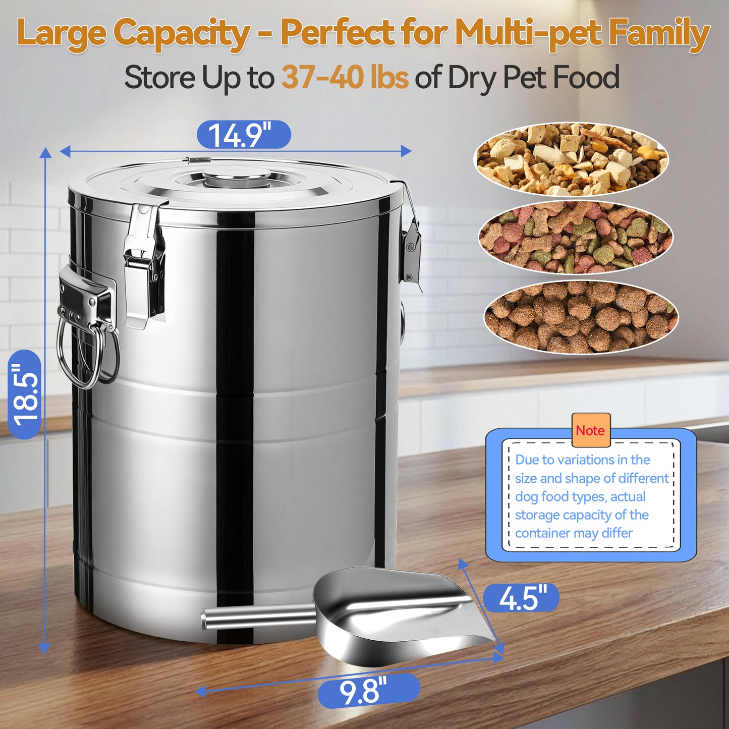 Newget Airtight Metal Container Food Bin with Scoop & Lid Stainless-Steel Dog & Cat Storage, Medium: 40-lbs