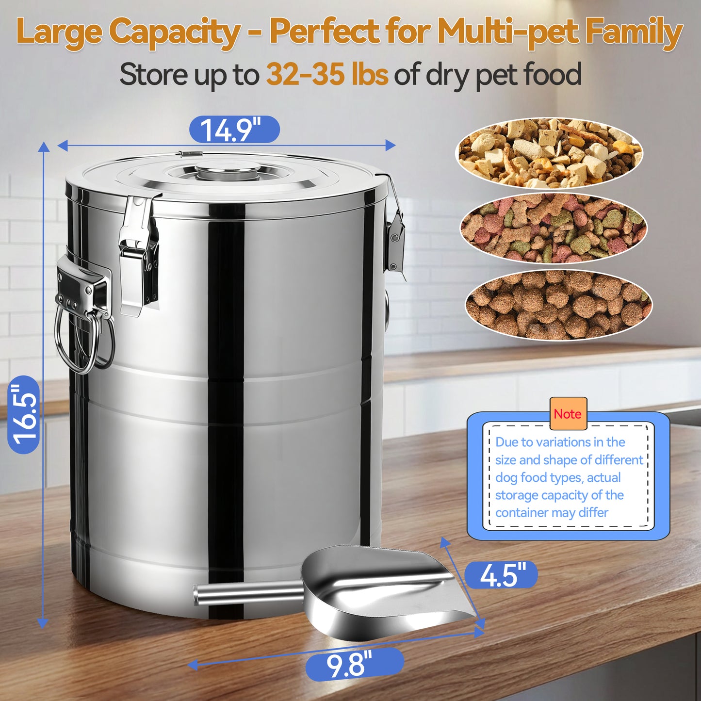 Newget Airtight Metal Container Food Bin with Scoop & Lid Stainless-Steel Dog & Cat Storage, Medium: 35-lbs