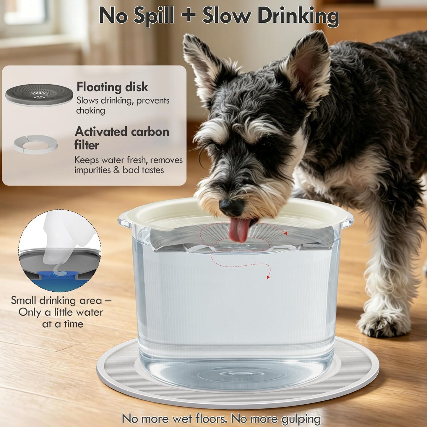 No Spill Ceramic Dog Water Bowl, Large Capacity Slow Drinking Bowl with Floating Disk & Filter, Heavy Duty Anti-Slip Bowl for Small to Medium Dogs, Cats & Multi-Pet Homes Indoor