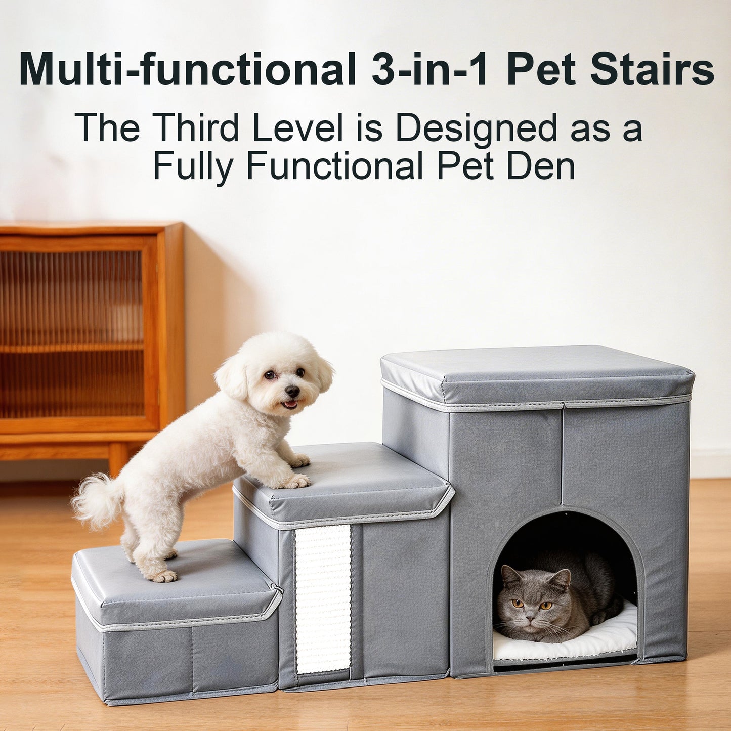 Twinsing 3-in-1 Foldable Collapsible Dog & Cat Stairs with Storage & Bed, Grey, 3 steps