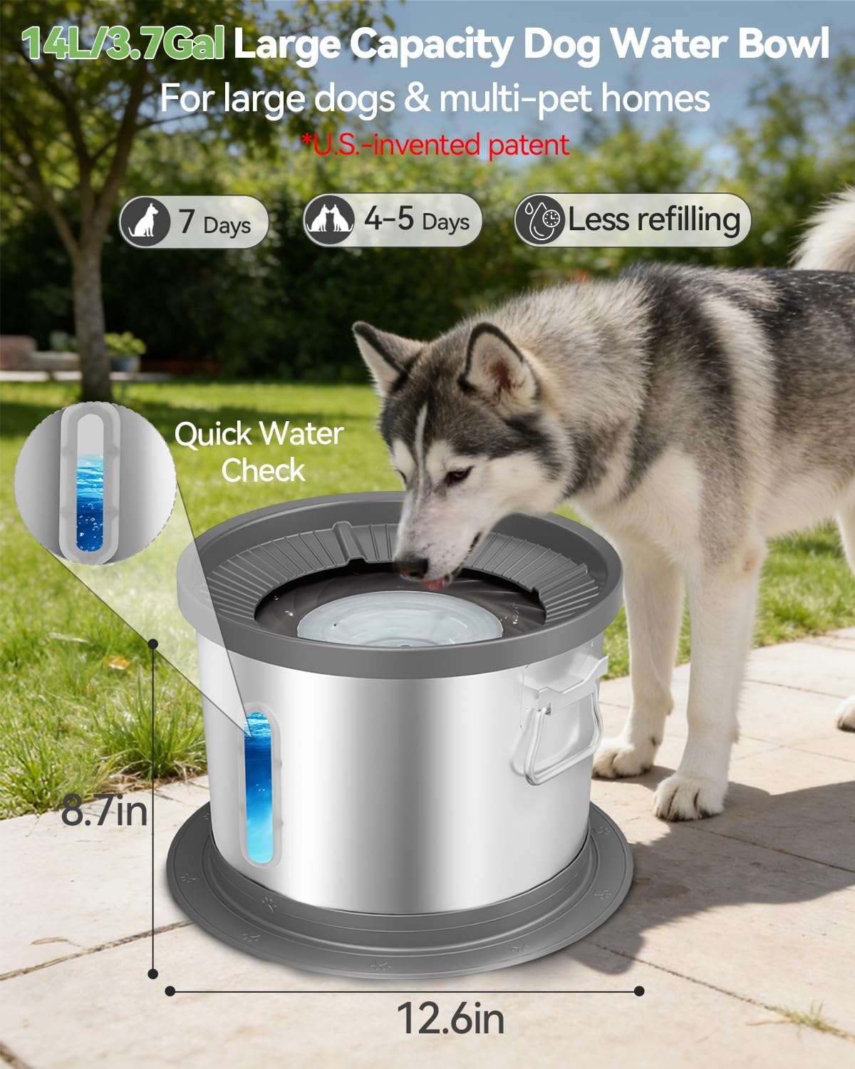 UPSKY 14L No Spill Dog Water Bowl, Stainless Steel Spill Proof Dog Bowl with Water Window, Dual-Suction Anti-Slip Large Capacity Slow Drinking Bowl with Floating Disk for Large Dogs & Messy Drinkers