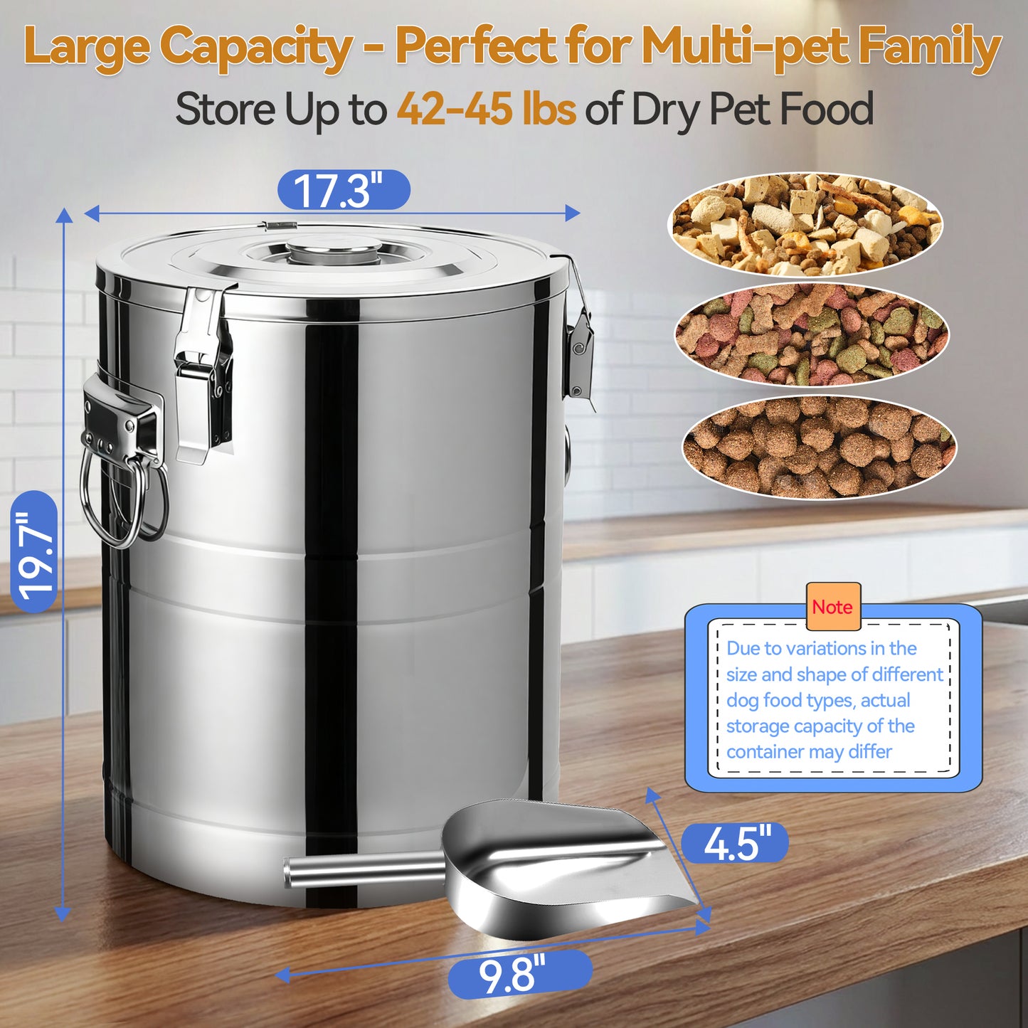 Newget Airtight Metal Container Food Bin with Scoop & Lid Stainless-Steel Dog & Cat Storage, Medium: 45-lbs