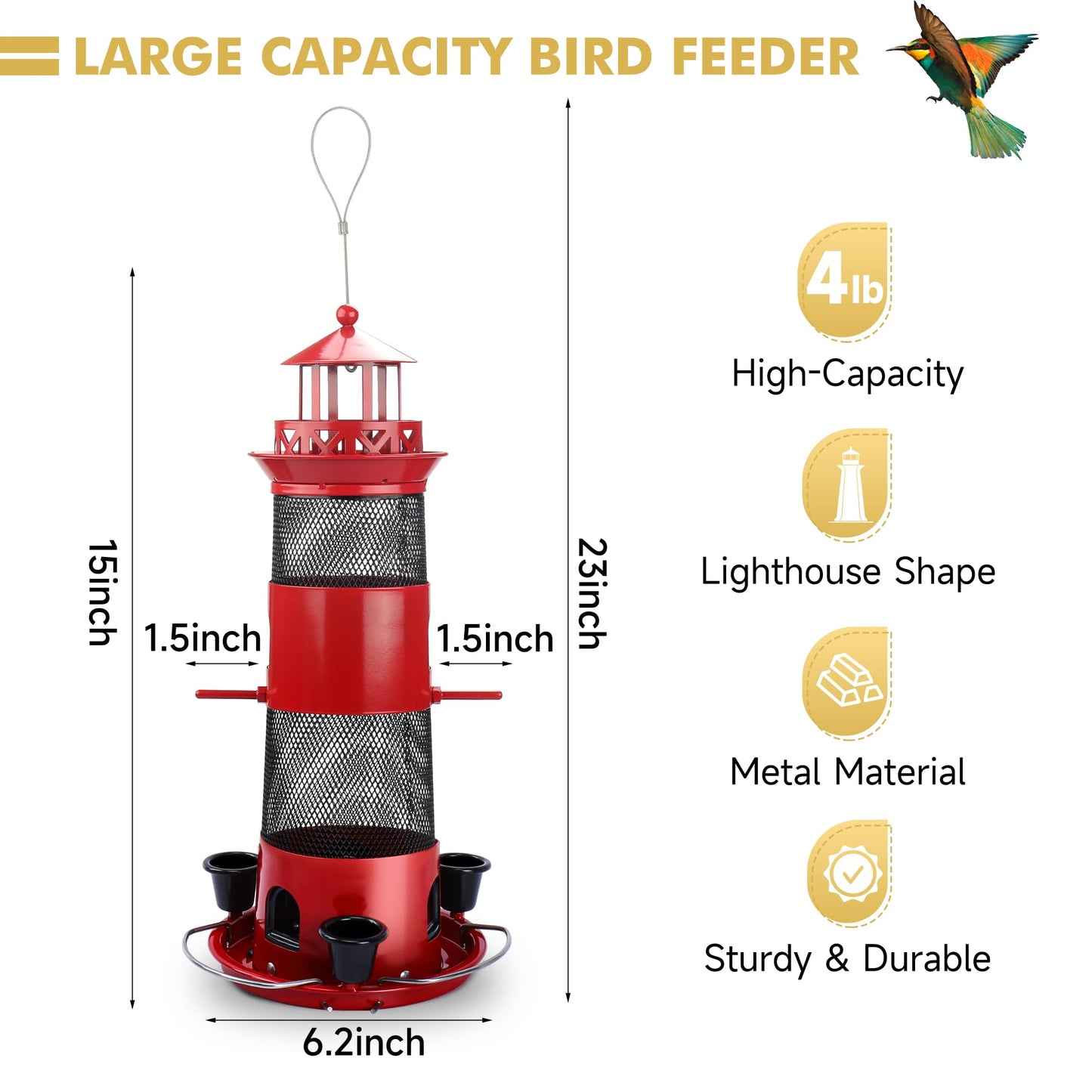 Decflow Outdoor Hanging Durable Metal Tube Wild Bird Feeder with Three Water Cups, Black