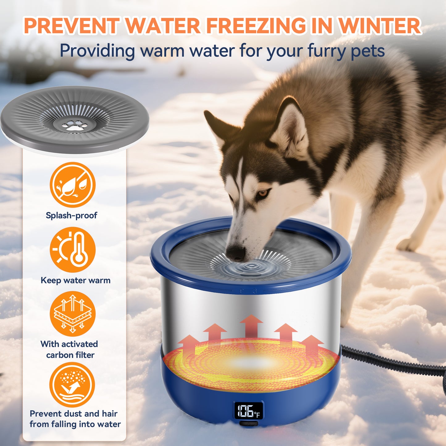 3.5L Heated Water Bowl, Stainless Steel Heated Dog Bowl with Digital Display and Adjustable Temperature, Heated Slow Drinking Feeder Provides Warm Water for Outdoor Dogs