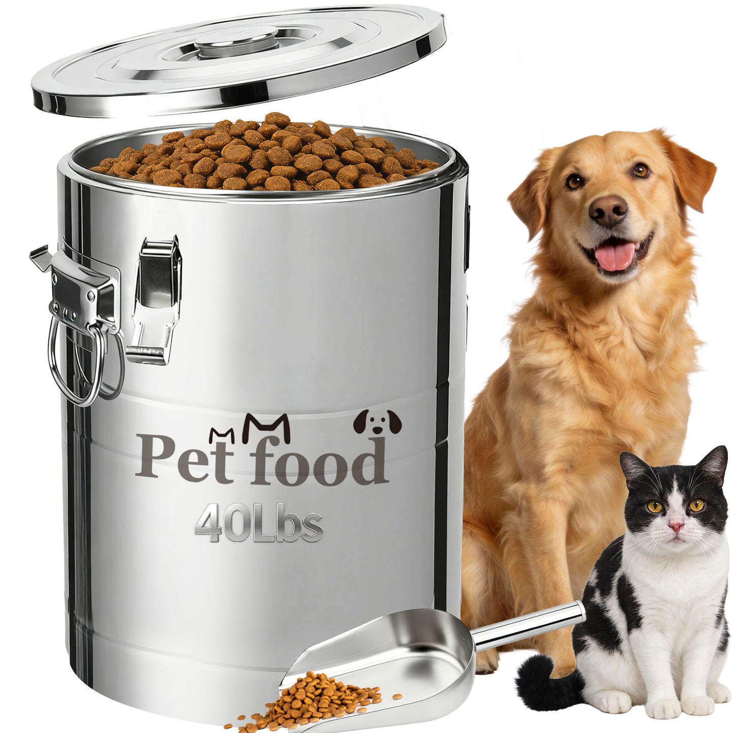 Newget Airtight Metal Container Food Bin with Scoop & Lid Stainless-Steel Dog & Cat Storage, Medium: 40-lbs