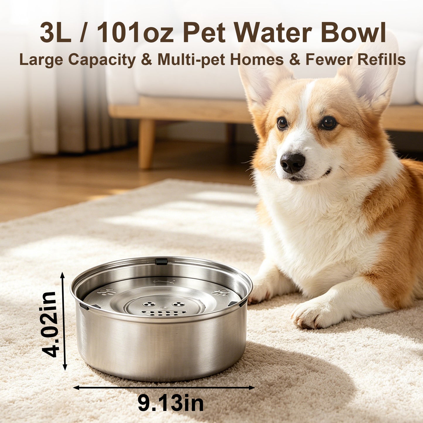 Newget 304 Stainless Steel Floating Anti-Splash & No Wet Mouth Design Stable Base Dog Water Bowl, Medium: 3-L