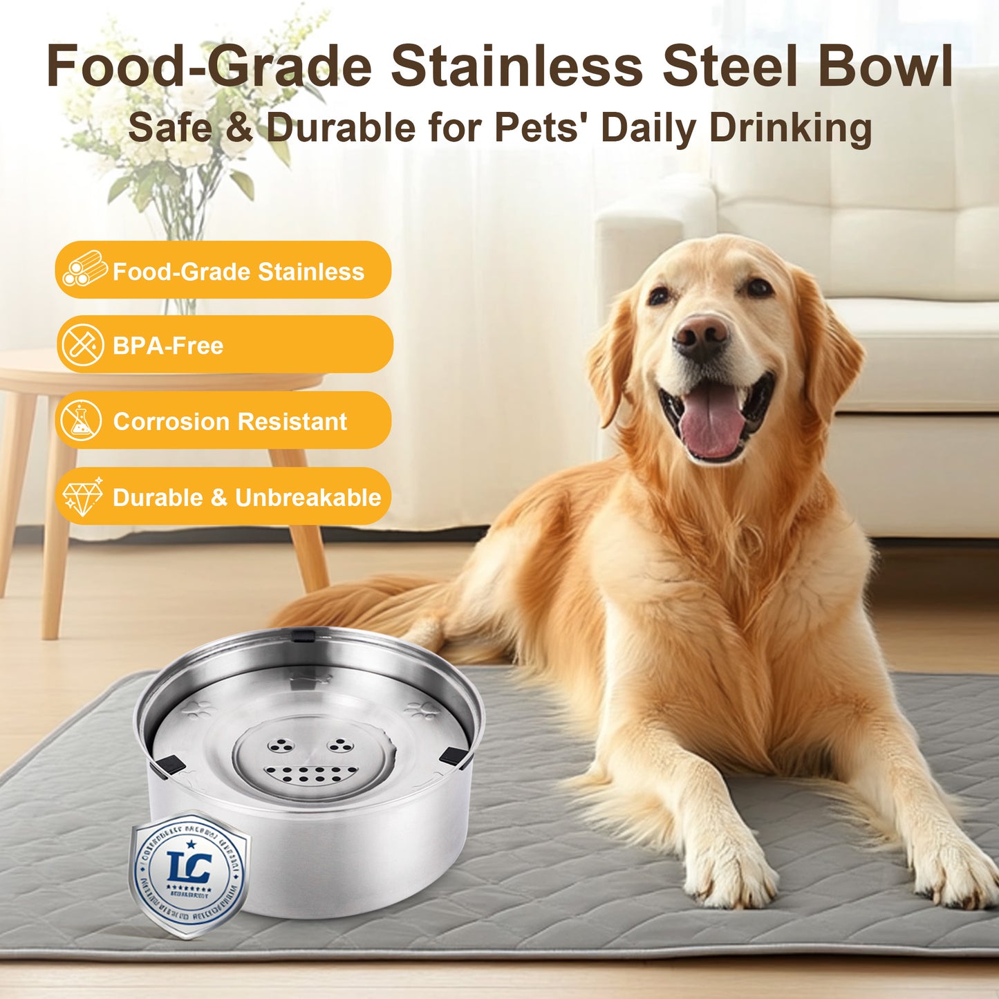 Newget 304 Stainless Steel Floating Anti-Splash & No Wet Mouth Design Stable Base Dog Water Bowl, Medium: 3-L
