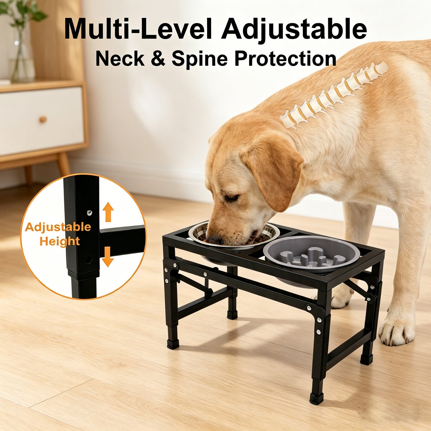 Newget 3-Speed Height Adjustable Raised Elevated Stainless Steel Dog Bowl, Medium
